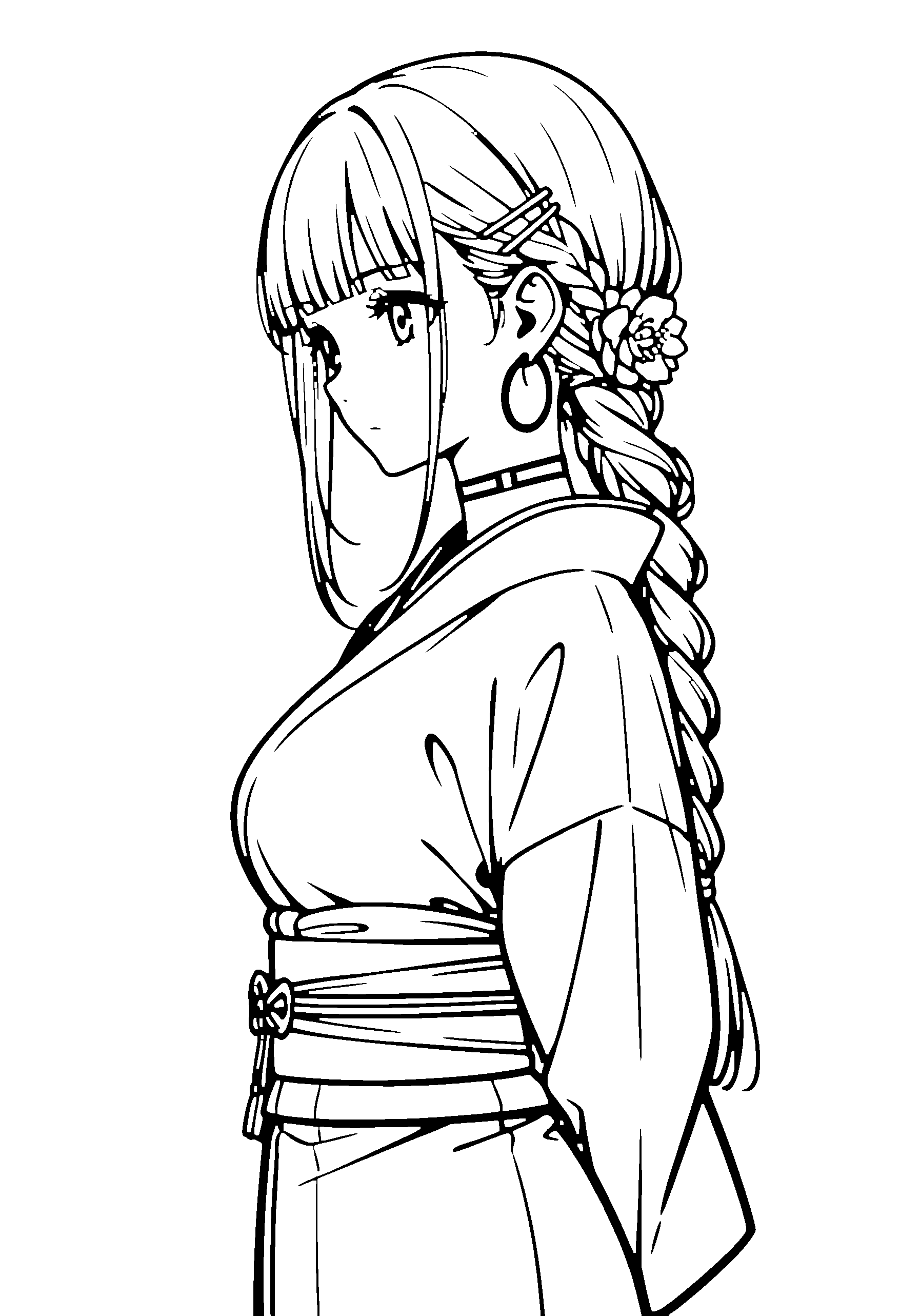 Black and white line art coloring page of an anime girl with long hair, braid, kimono, hair flower, choker and serious