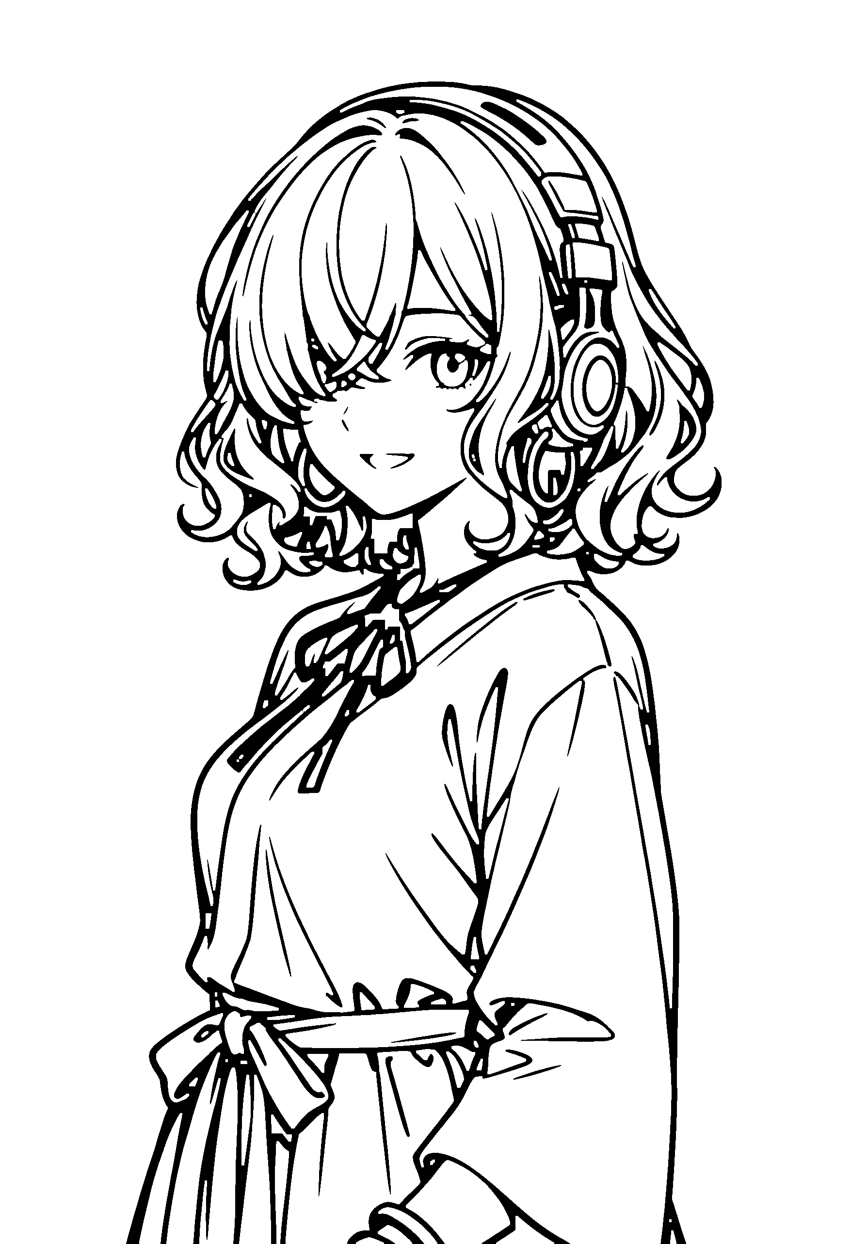 Black and white line art coloring page of an anime girl with medium hair, wavy hair, robe, headphones, ribbon and smiling