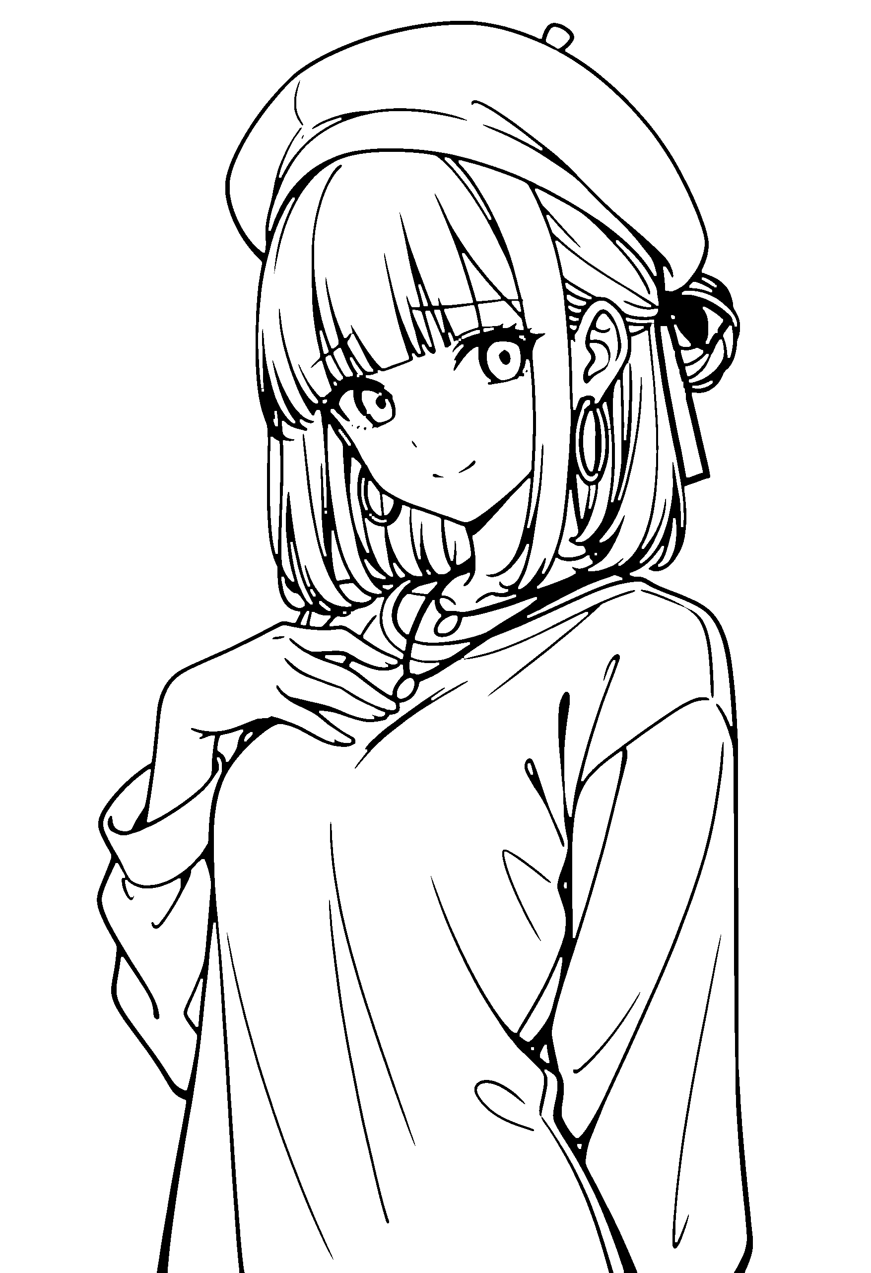 Black and white line art coloring page of an anime girl with medium hair, hair bun, shirt, beret, necklace and shy
