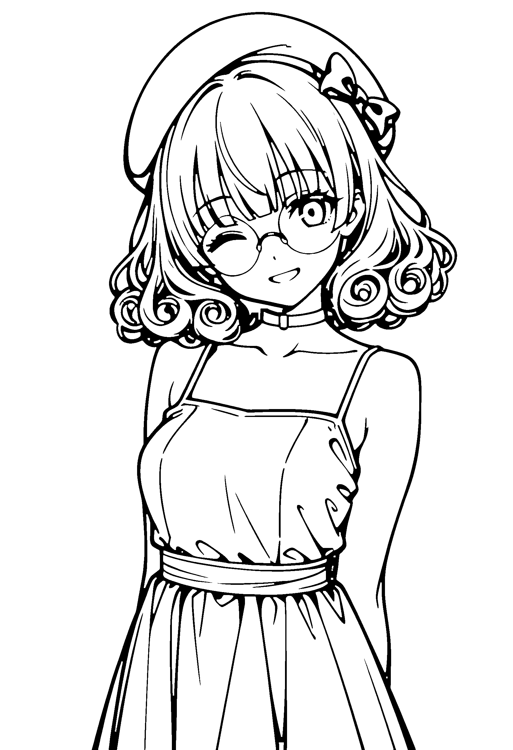 Black and white line art coloring page of an anime girl with medium hair, curly hair, dress, beret, glasses, choker and smiling