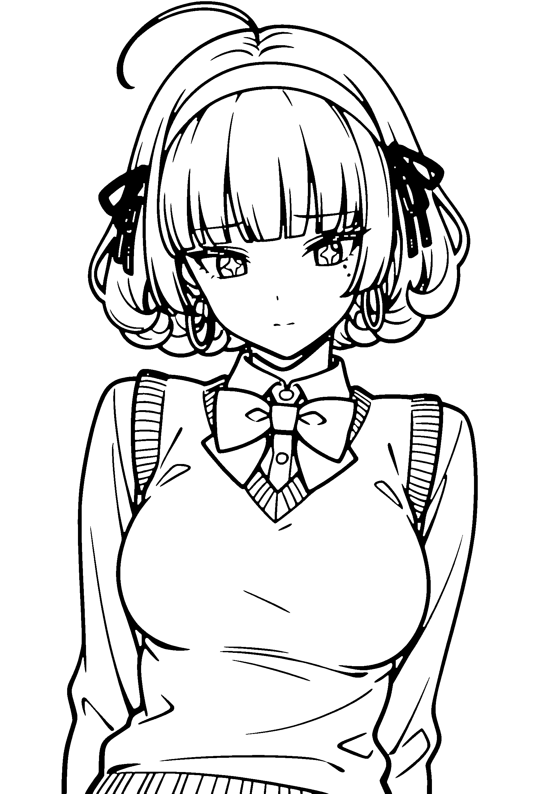 Black and white line art coloring page of an anime girl with bob cut, curly hair, sweater vest, headband, bow tie and shy