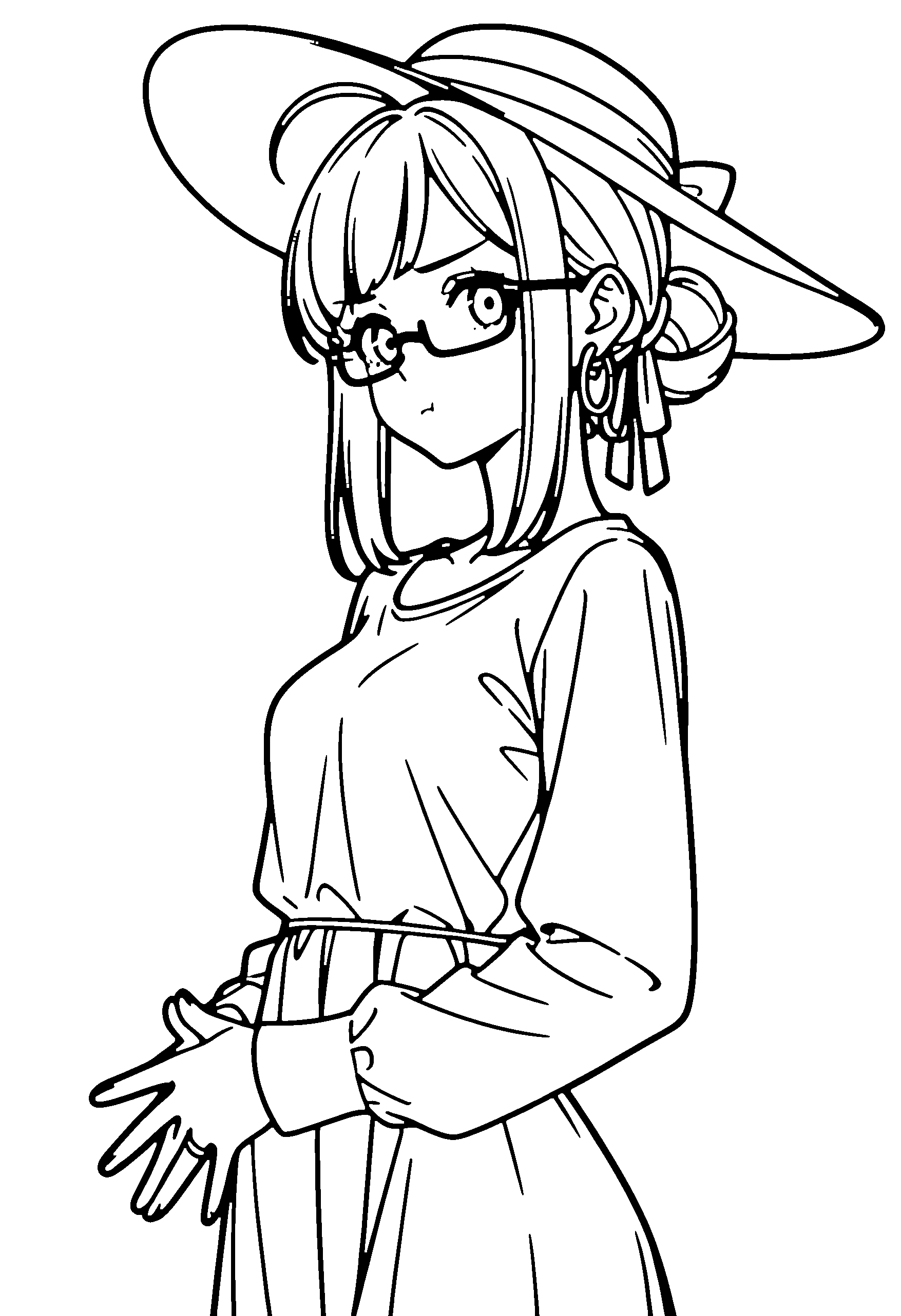 Black and white line art coloring page of an anime girl with medium hair, hair bun, dress, sun hat, glasses and frowning