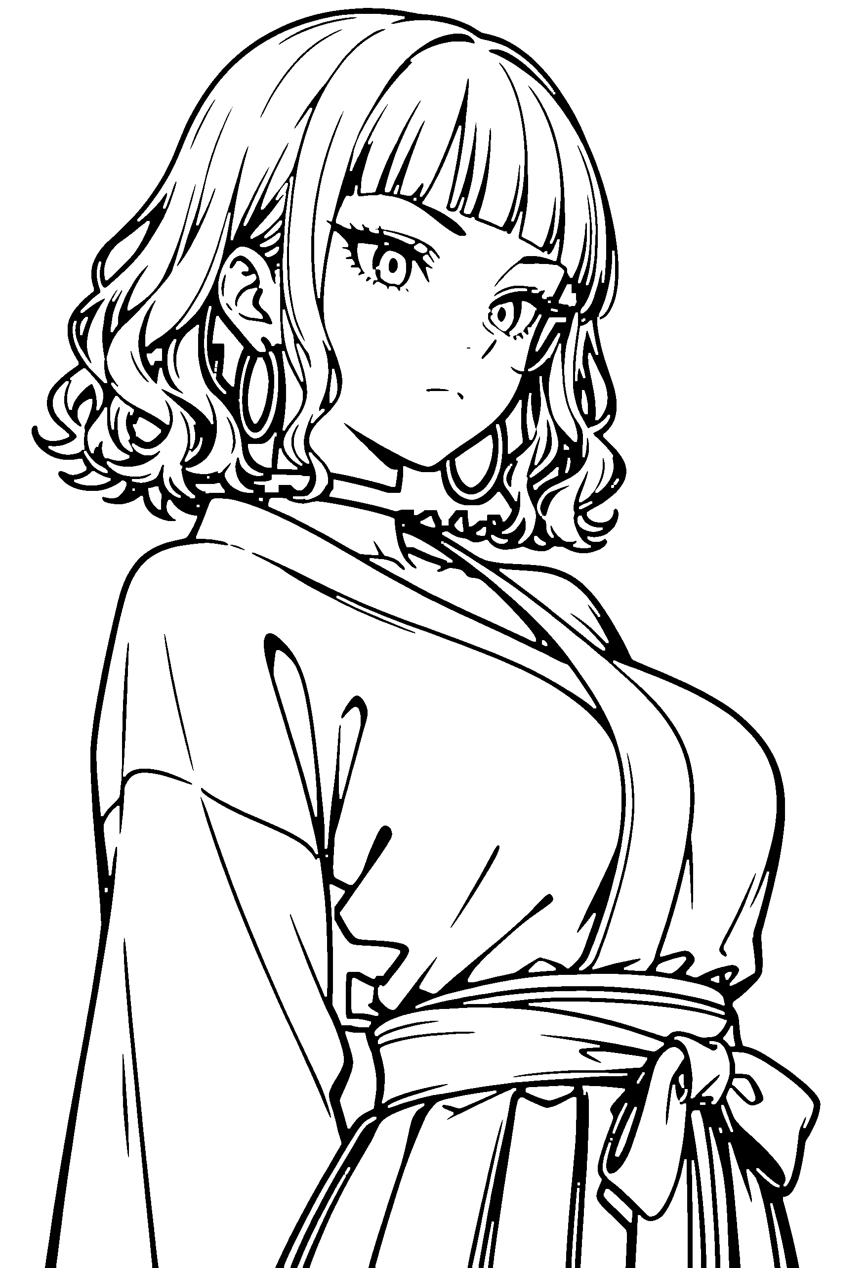 Black and white line art coloring page of an anime girl with medium hair, wavy hair, kimono, choker and frowning