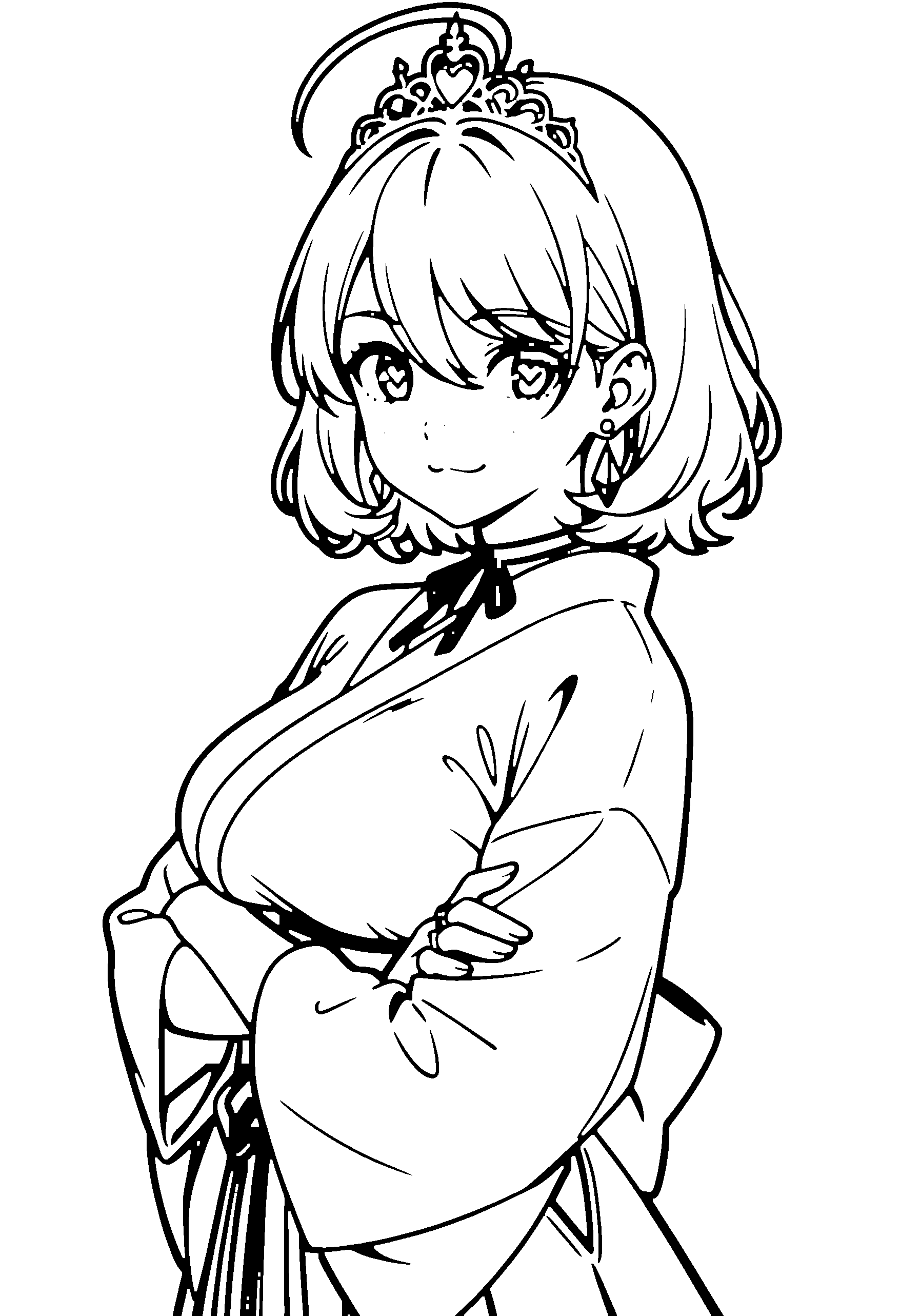 Black and white line art coloring page of an anime girl with medium hair, kimono, tiara, ribbon and smiling