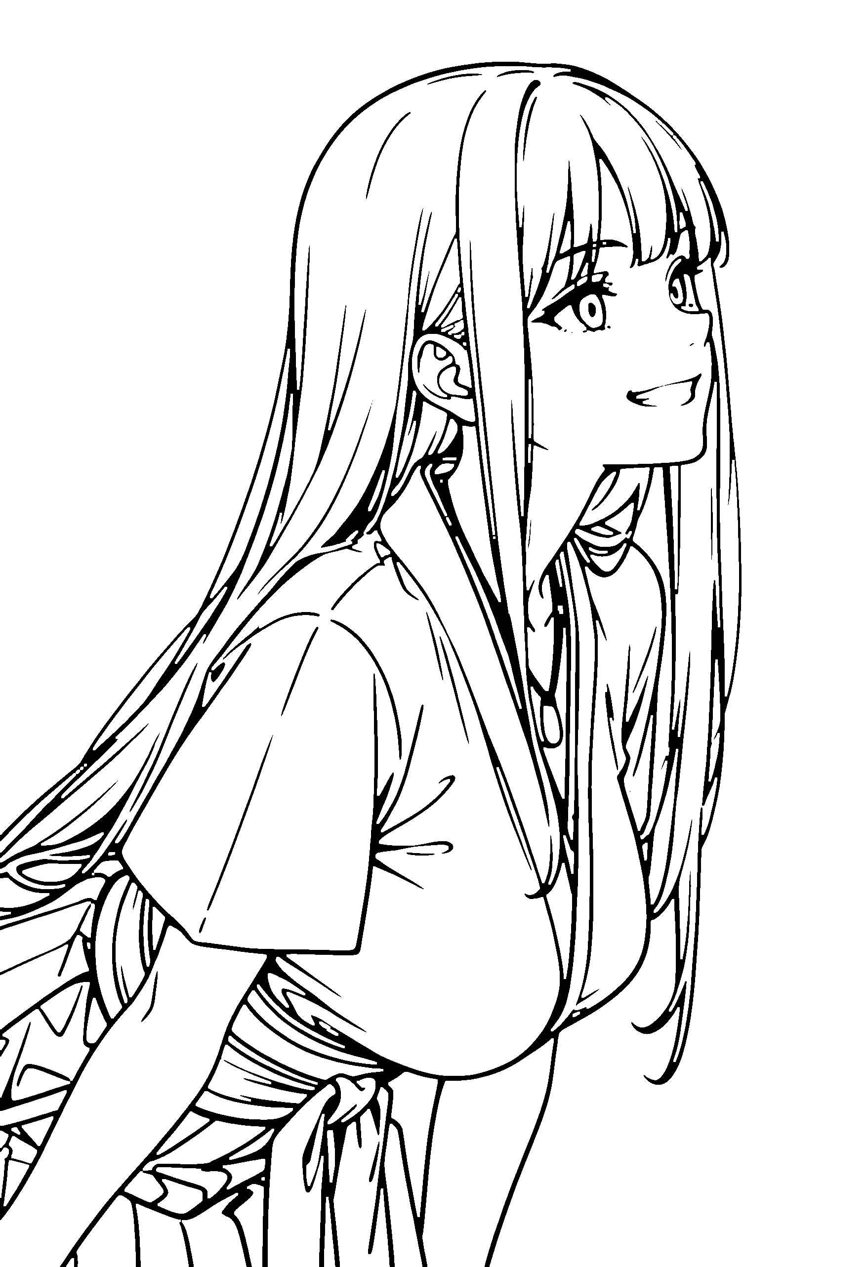 Black and white line art coloring page of an anime girl with long hair, kimono, necklace and grinning