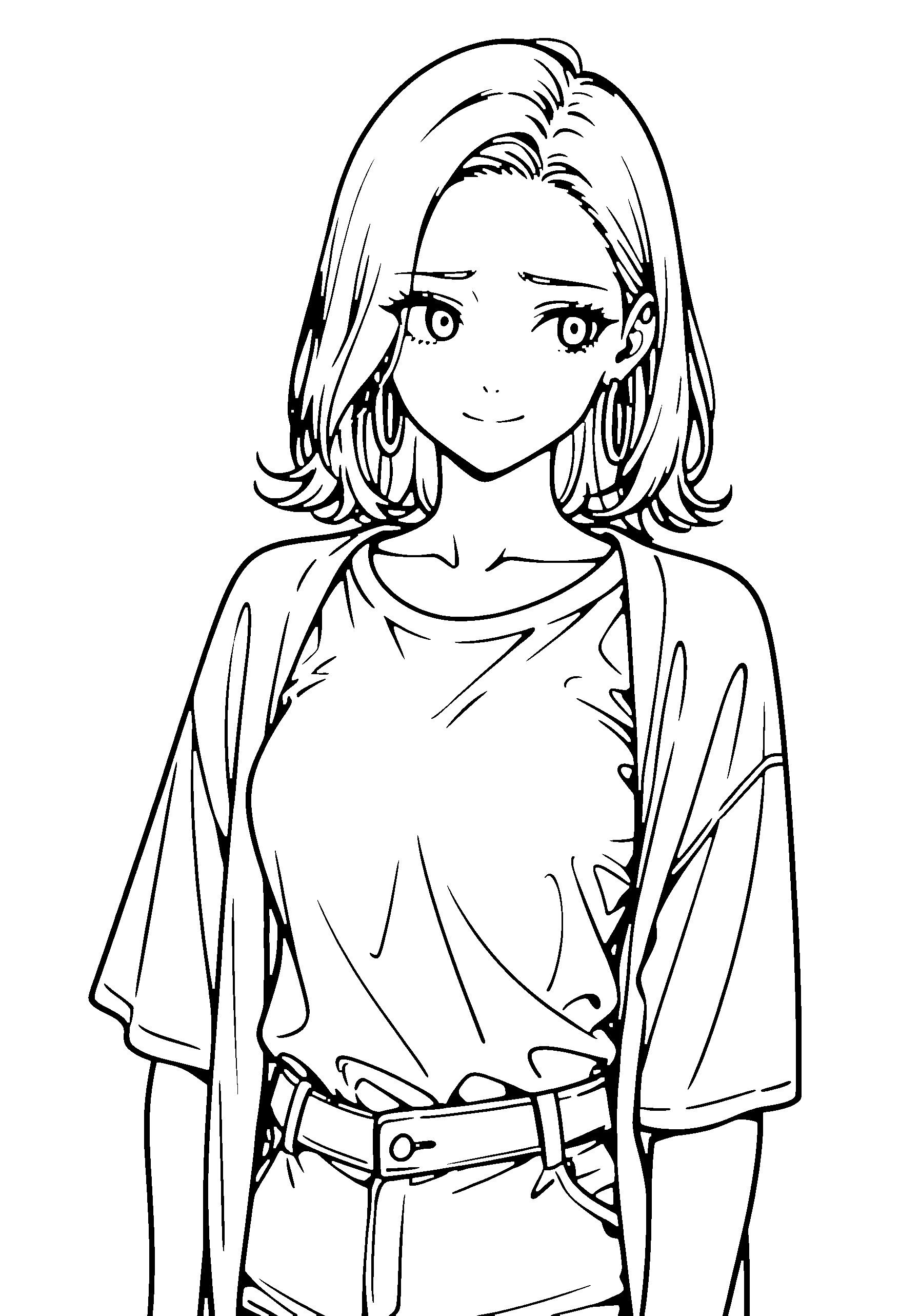 Black and white line art coloring page of an anime girl with medium hair, jacket and shy