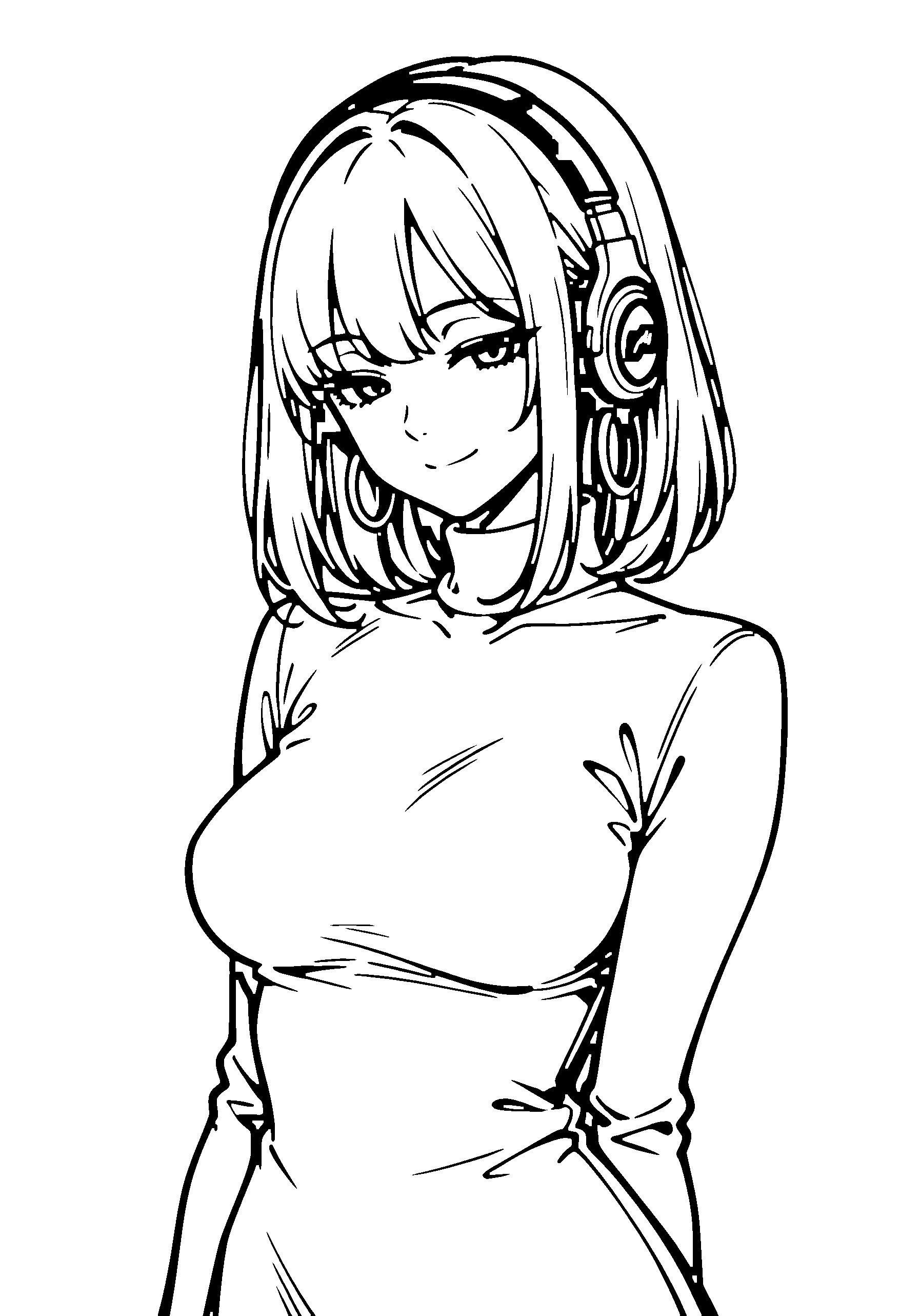 Black and white line art coloring page of an anime girl with medium hair, turtleneck, headphones and smiling