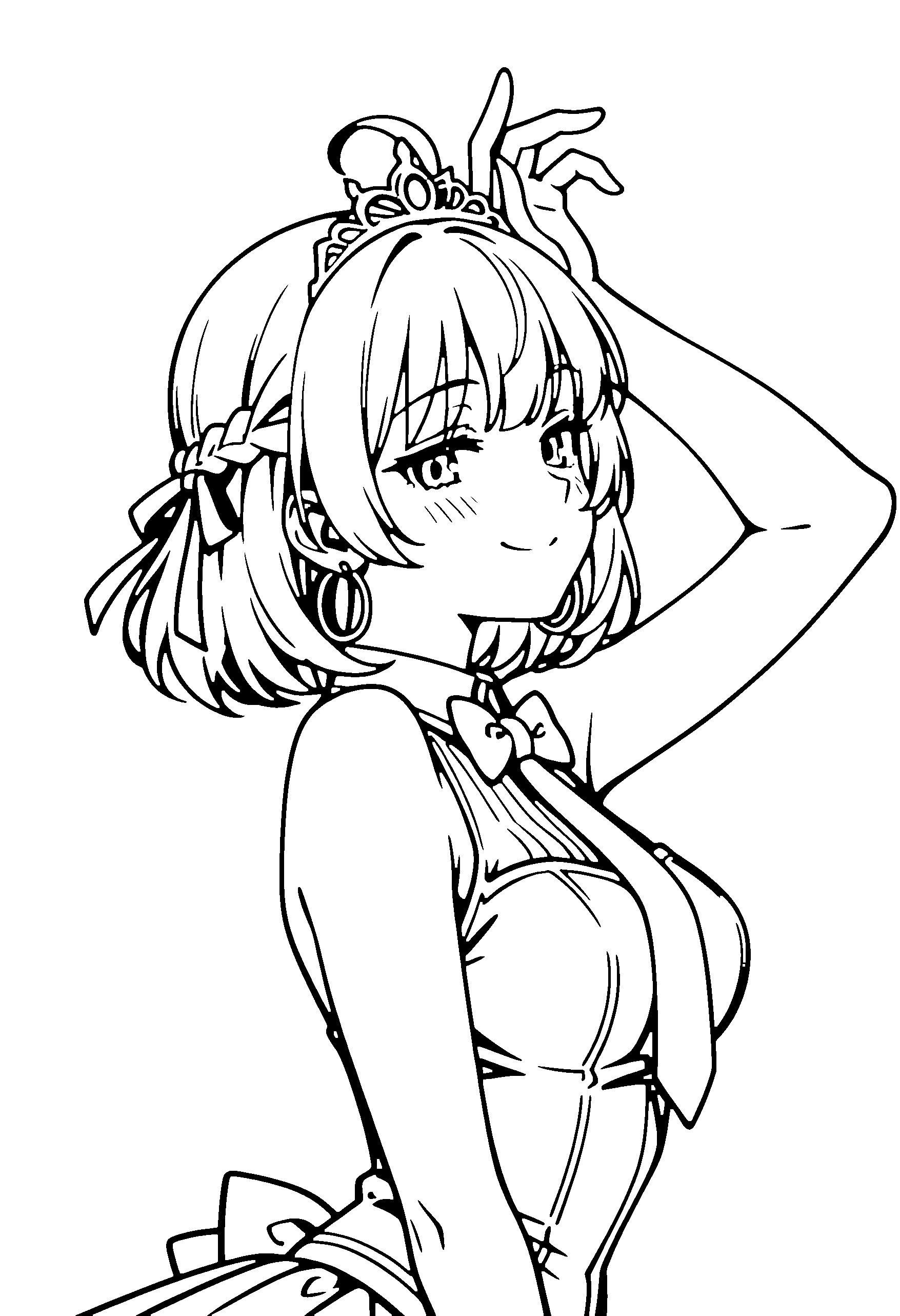 Black and white line art coloring page of an anime girl with medium hair, braid, shirt, tiara, bow tie and smiling