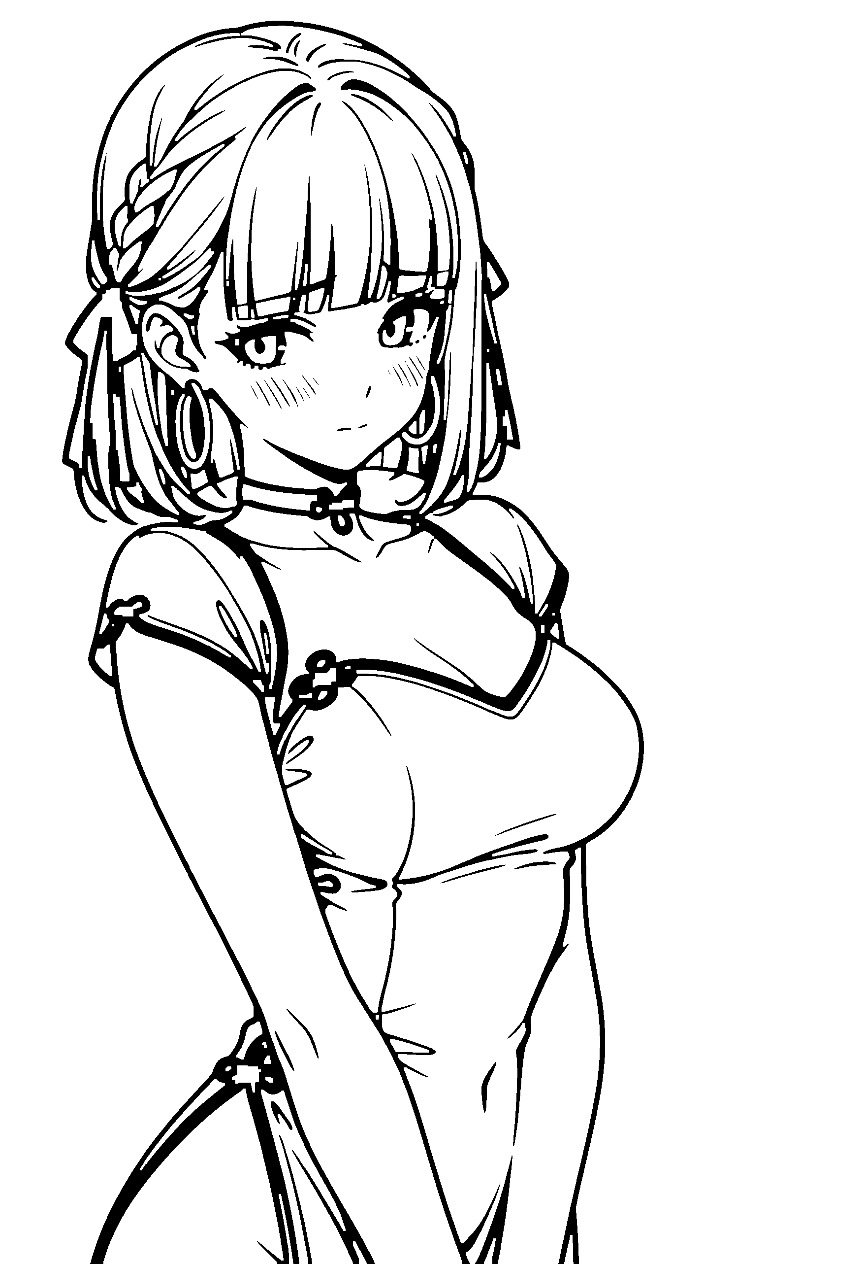 Black and white line art coloring page of an anime girl with medium hair, braid, chinese dress, choker and shy