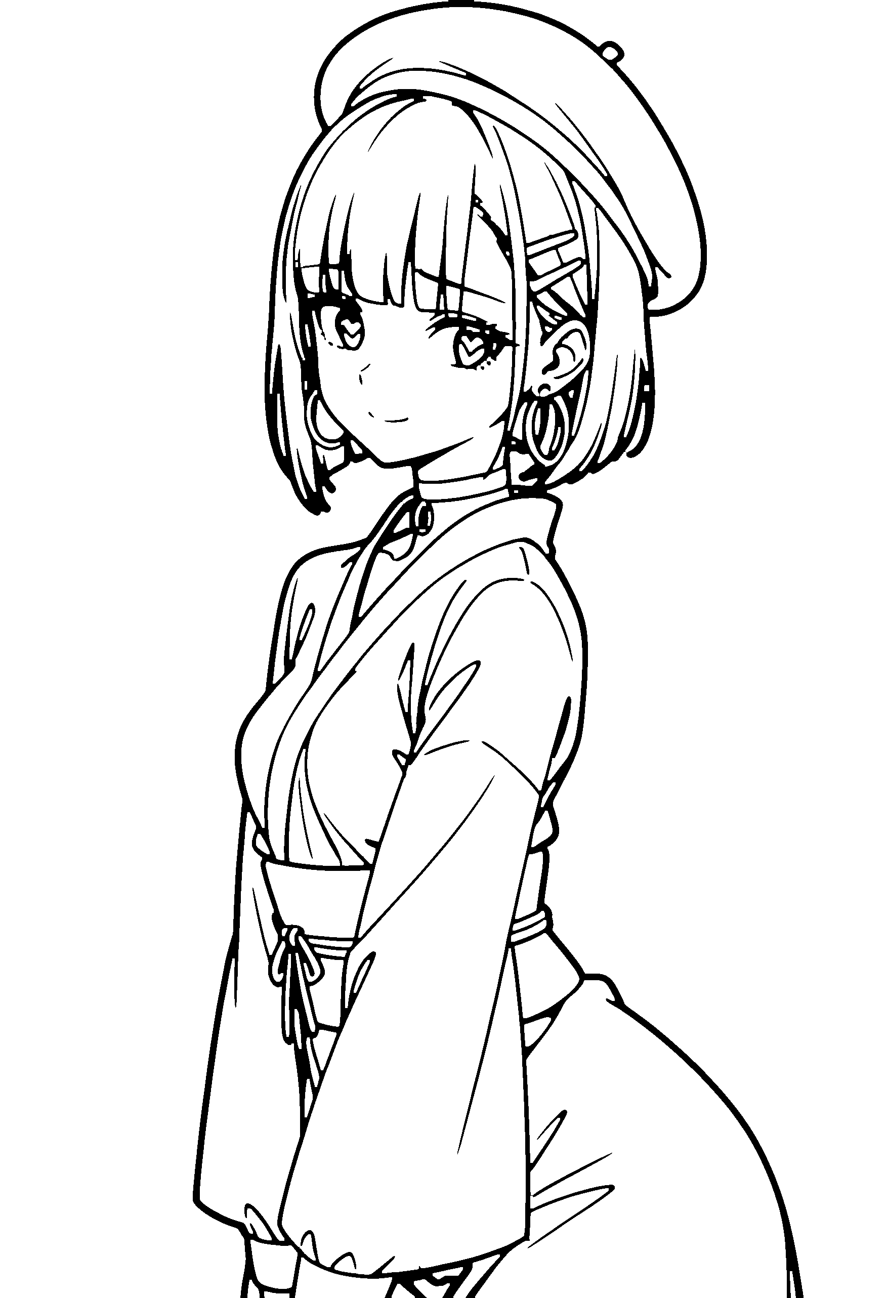 Black and white line art coloring page of an anime girl with bob cut, kimono, beret, choker and shy