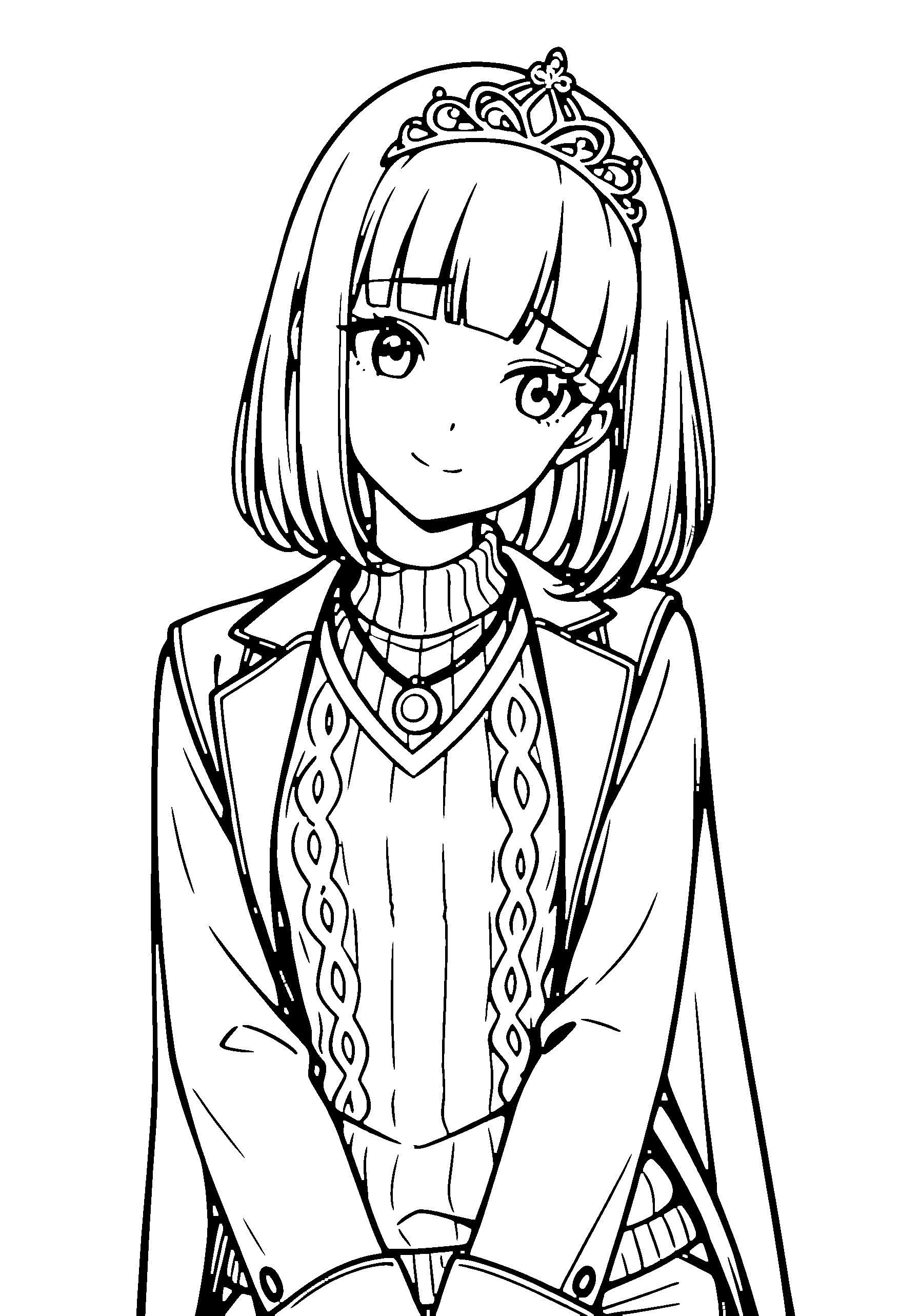 Black and white line art coloring page of an anime girl with medium hair, coat, tiara, necklace and shy