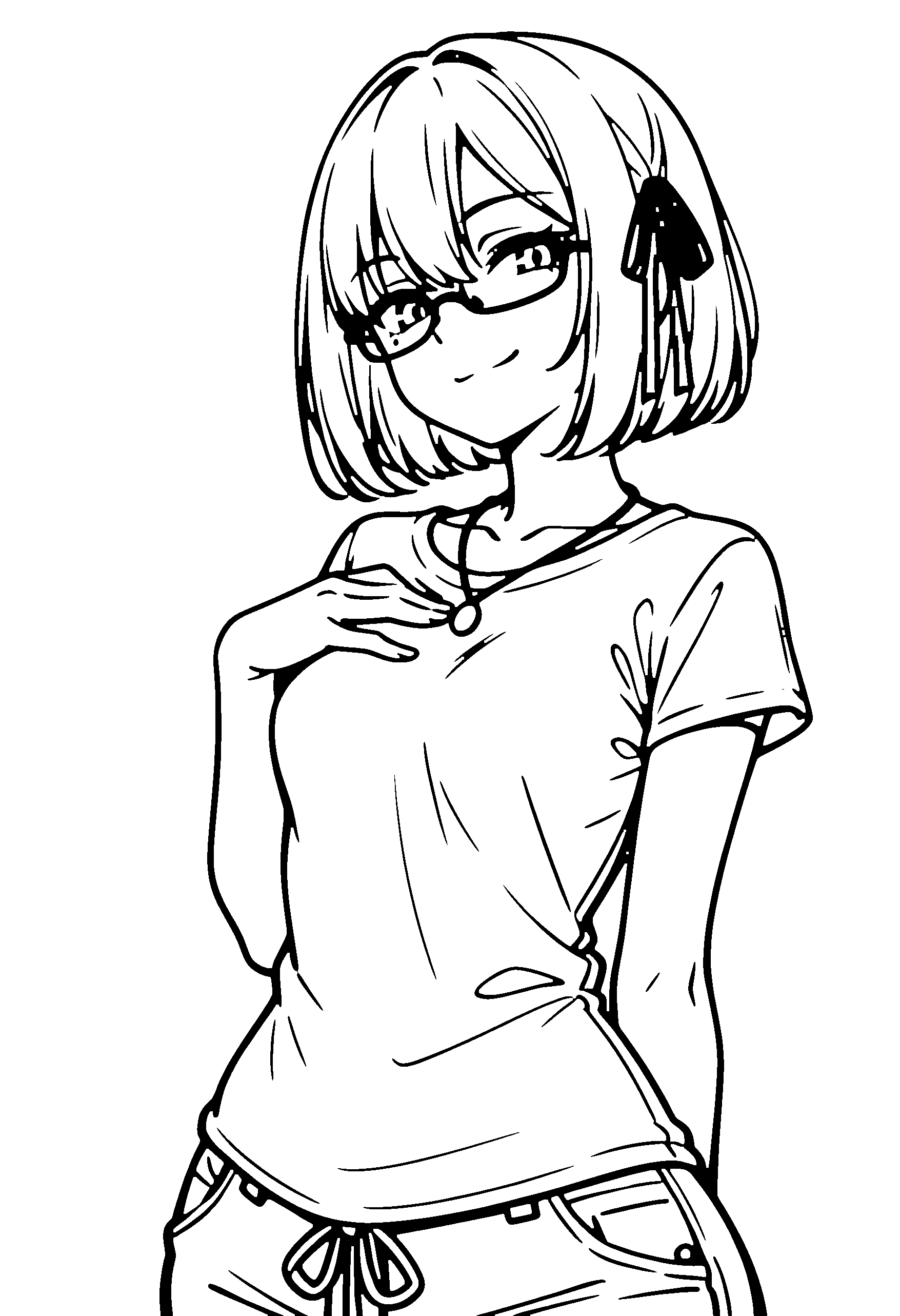 Black and white line art coloring page of an anime girl with bob cut, t-shirt, glasses, necklace and smiling