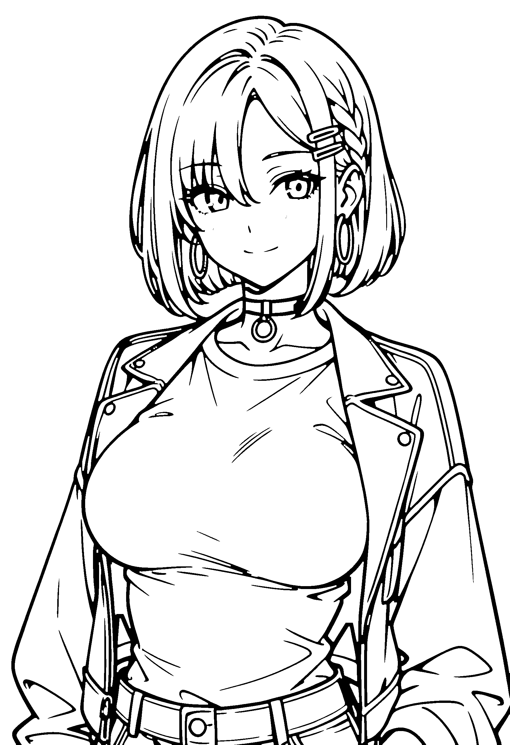 Black and white line art coloring page of an anime girl with bob cut, braid, jacket, choker and smiling