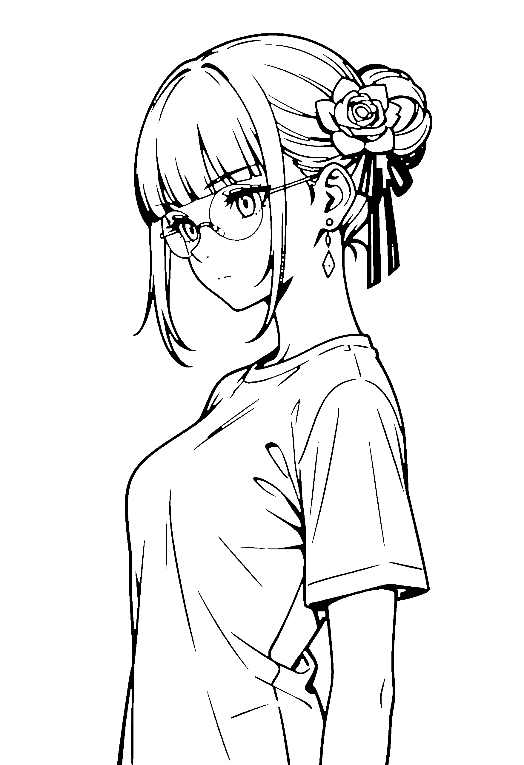 Black and white line art coloring page of an anime girl with medium hair, hair bun, t-shirt, hair flower, glasses and serious