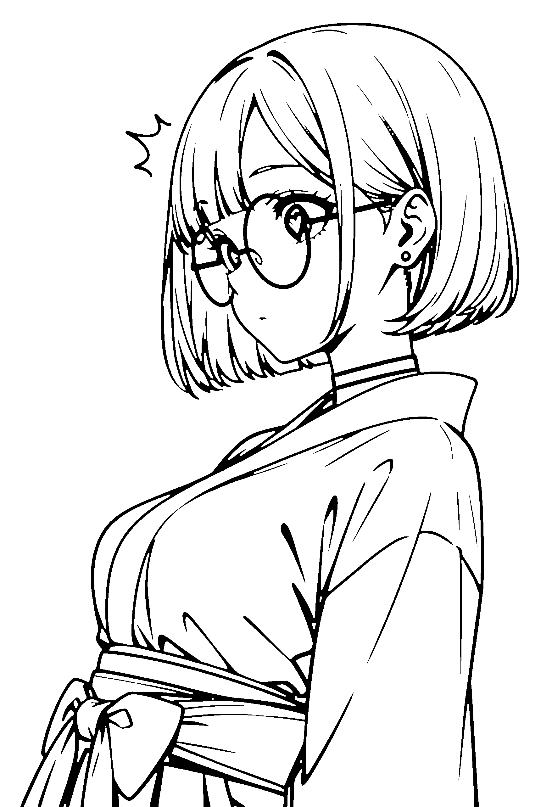 Black and white line art coloring page of an anime girl with bob cut, kimono, glasses, choker and surprised