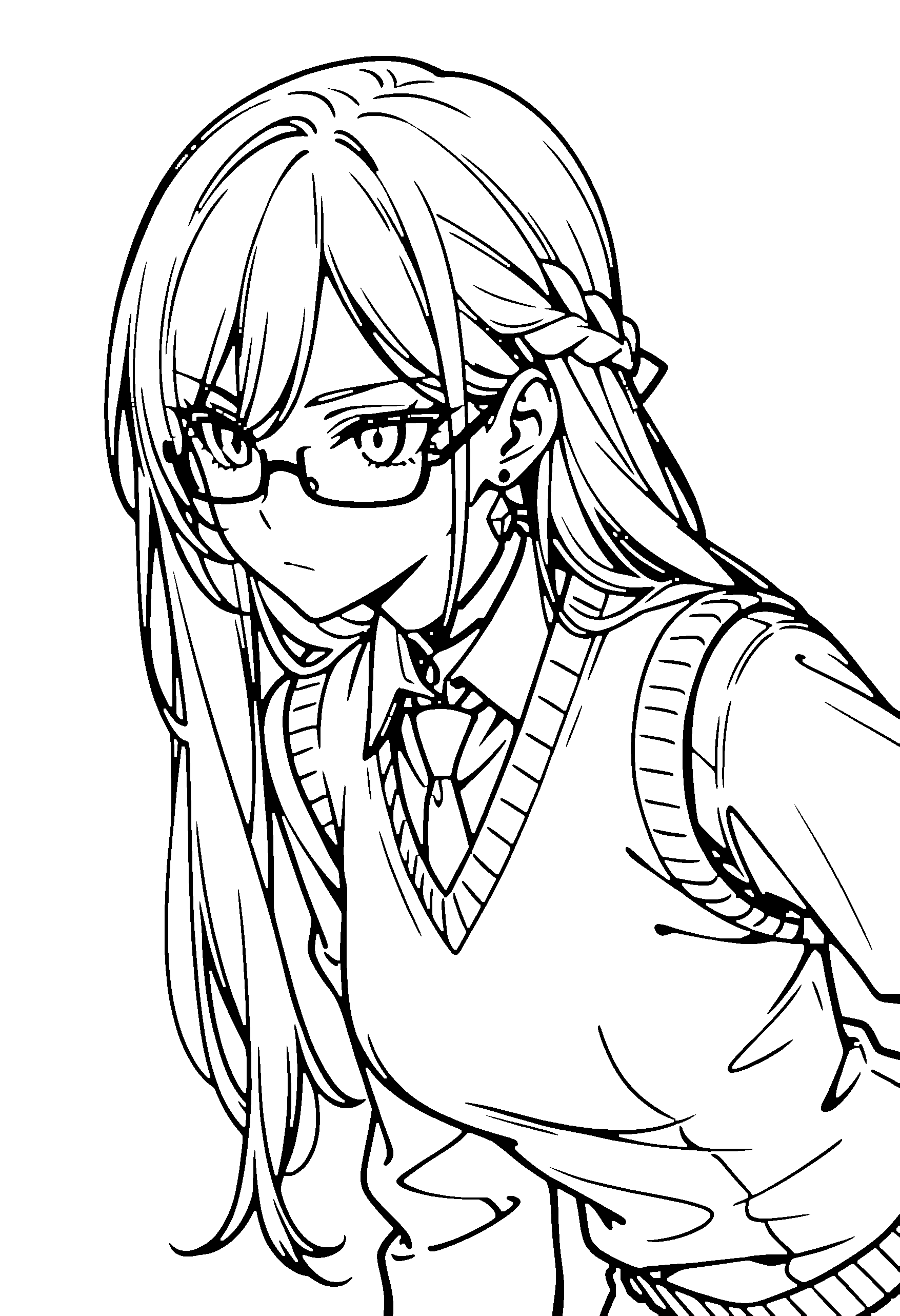 Black and white line art coloring page of an anime girl with long hair, braid, sweater vest, glasses, choker and serious