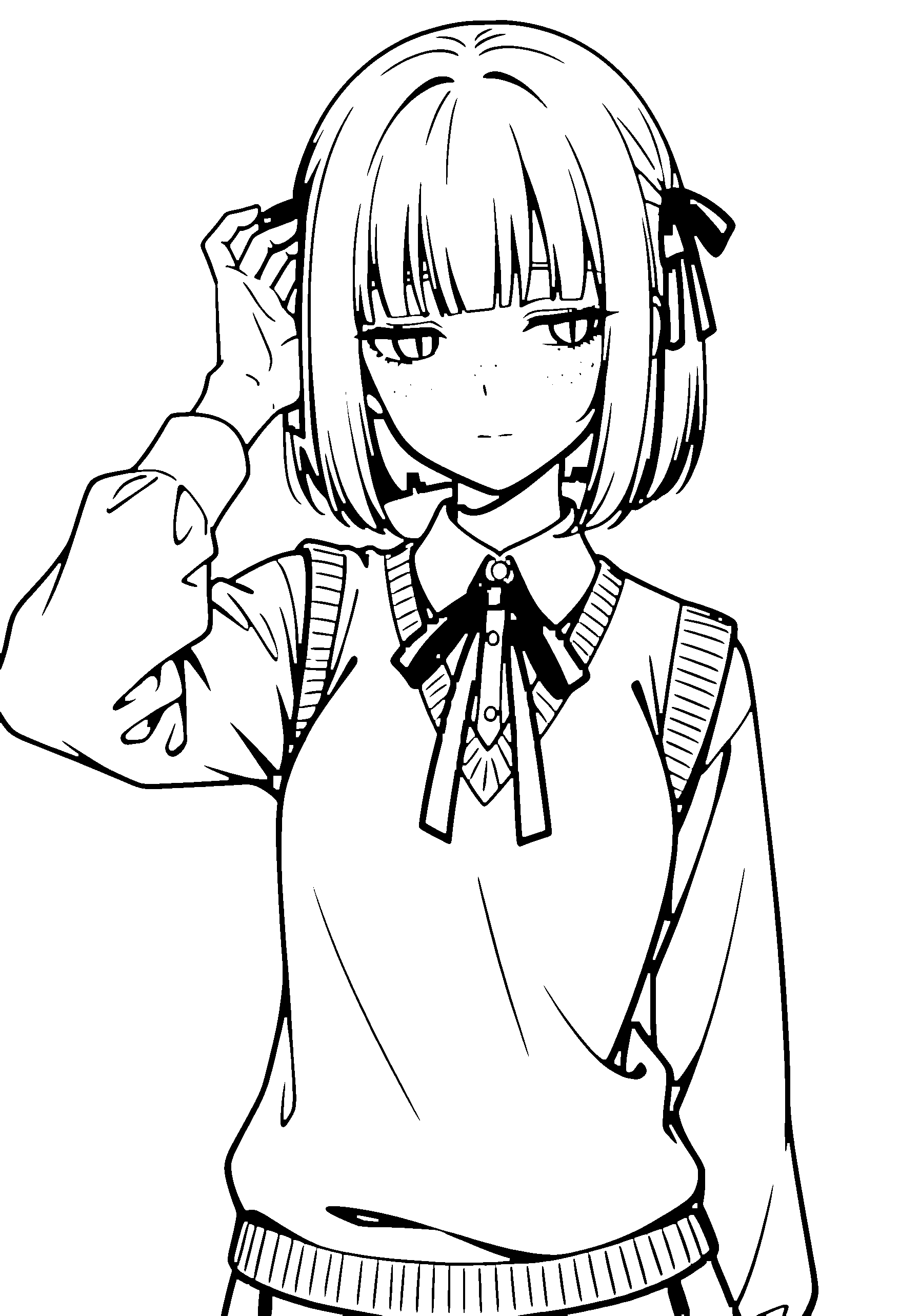 Black and white line art coloring page of an anime girl with bob cut, sweater vest, ribbon and shy
