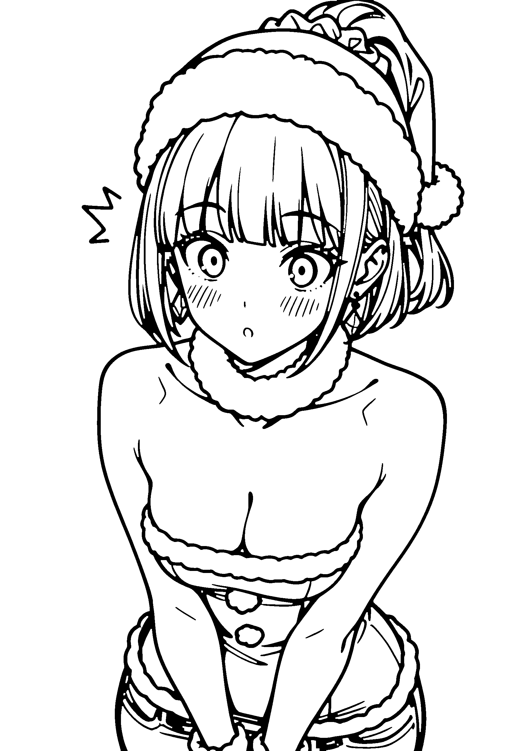 Black and white line art coloring page of an anime girl with santa costume, bob cut, ponytail and surprised