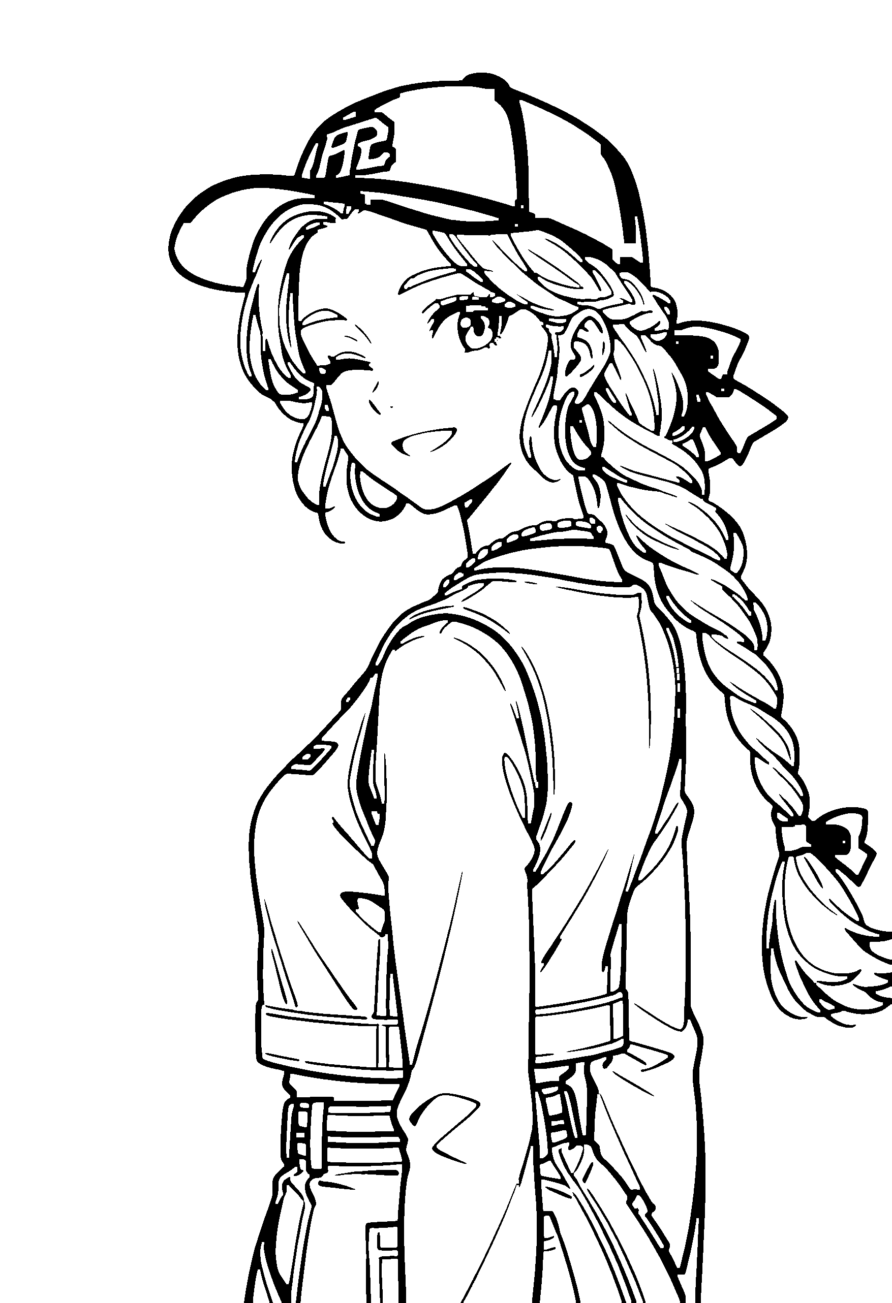Black and white line art coloring page of an anime girl with long hair, braid, vest, cap, necklace and smiling