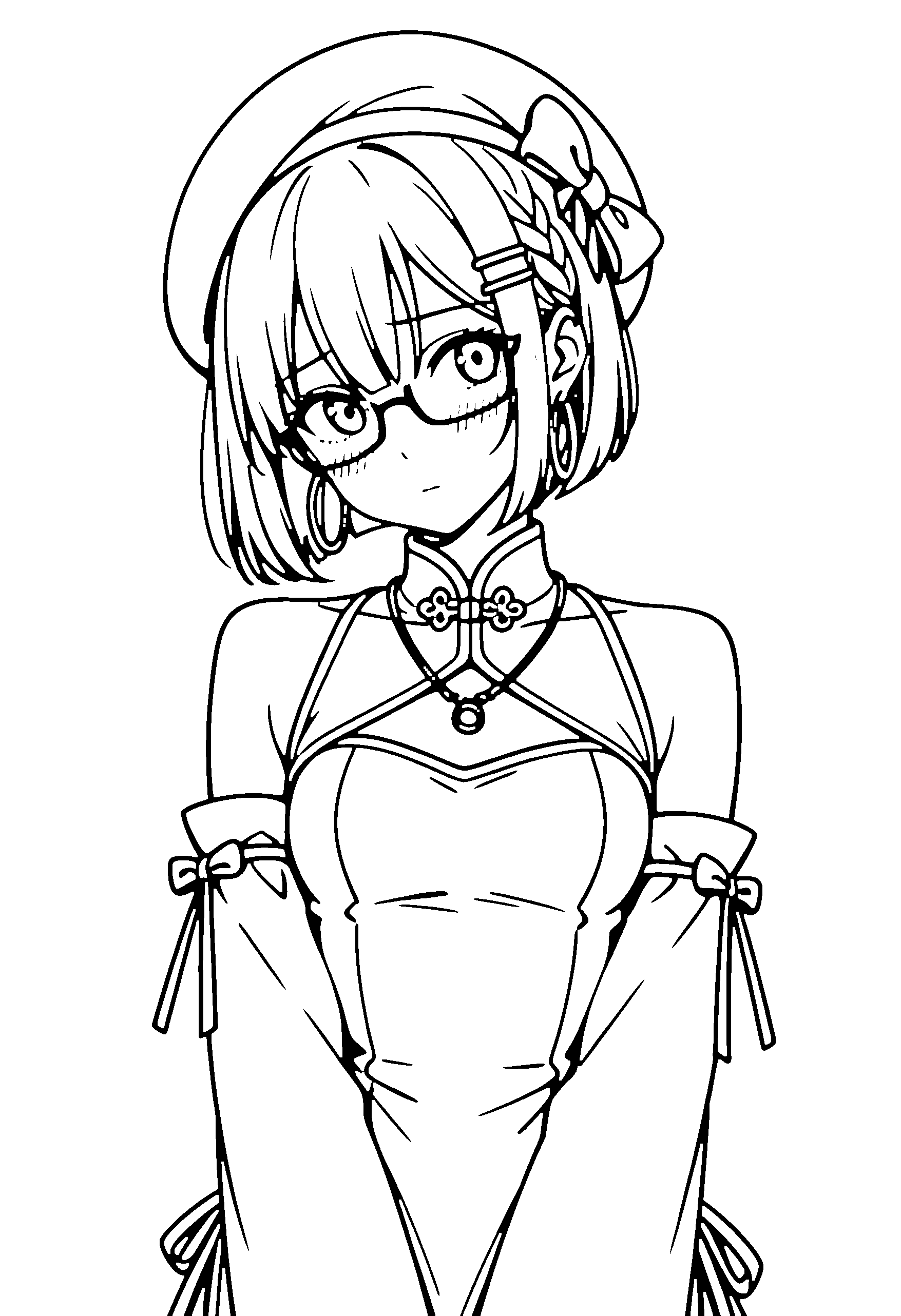 Black and white line art coloring page of an anime girl with bob cut, braid, chinese dress, beret, glasses, necklace and shy