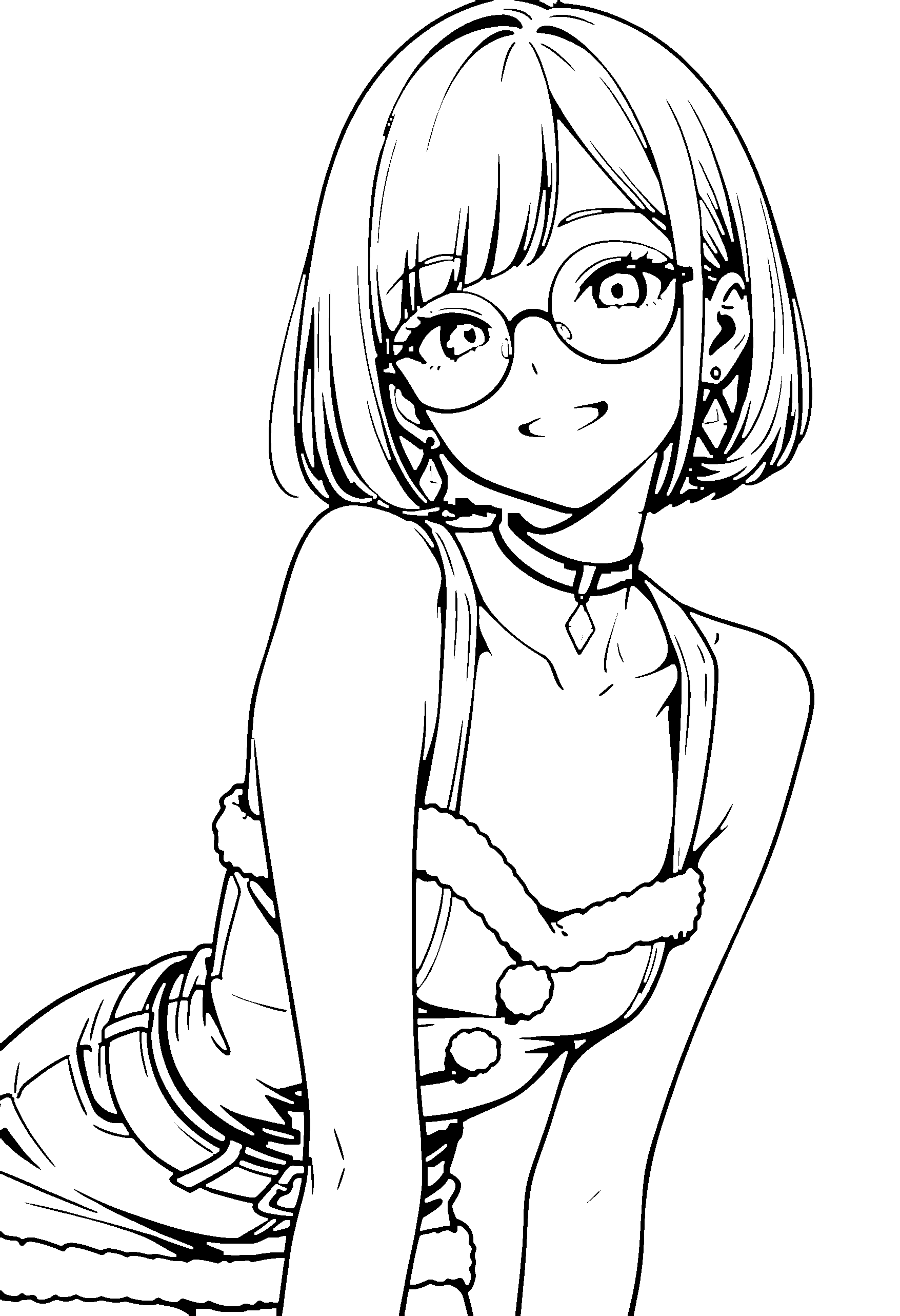 Black and white line art coloring page of an anime girl with santa costume, bob cut, glasses, choker and grinning