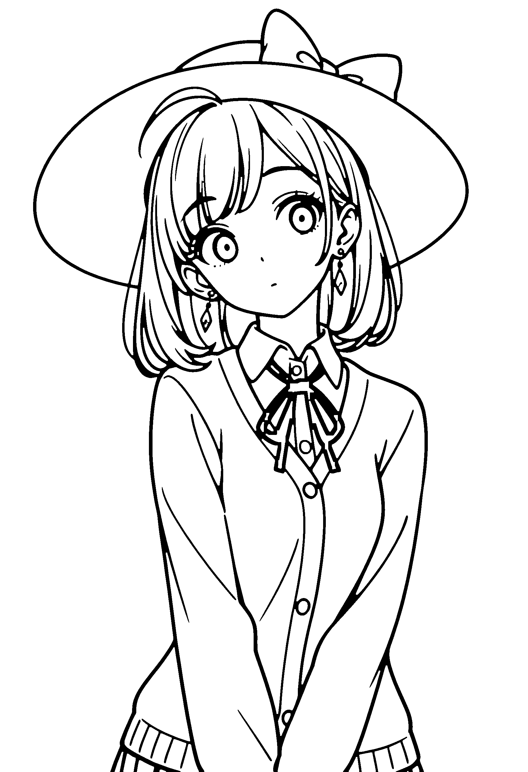 Black and white line art coloring page of an anime girl with medium hair, collared shirt, sun hat, ribbon and surprised