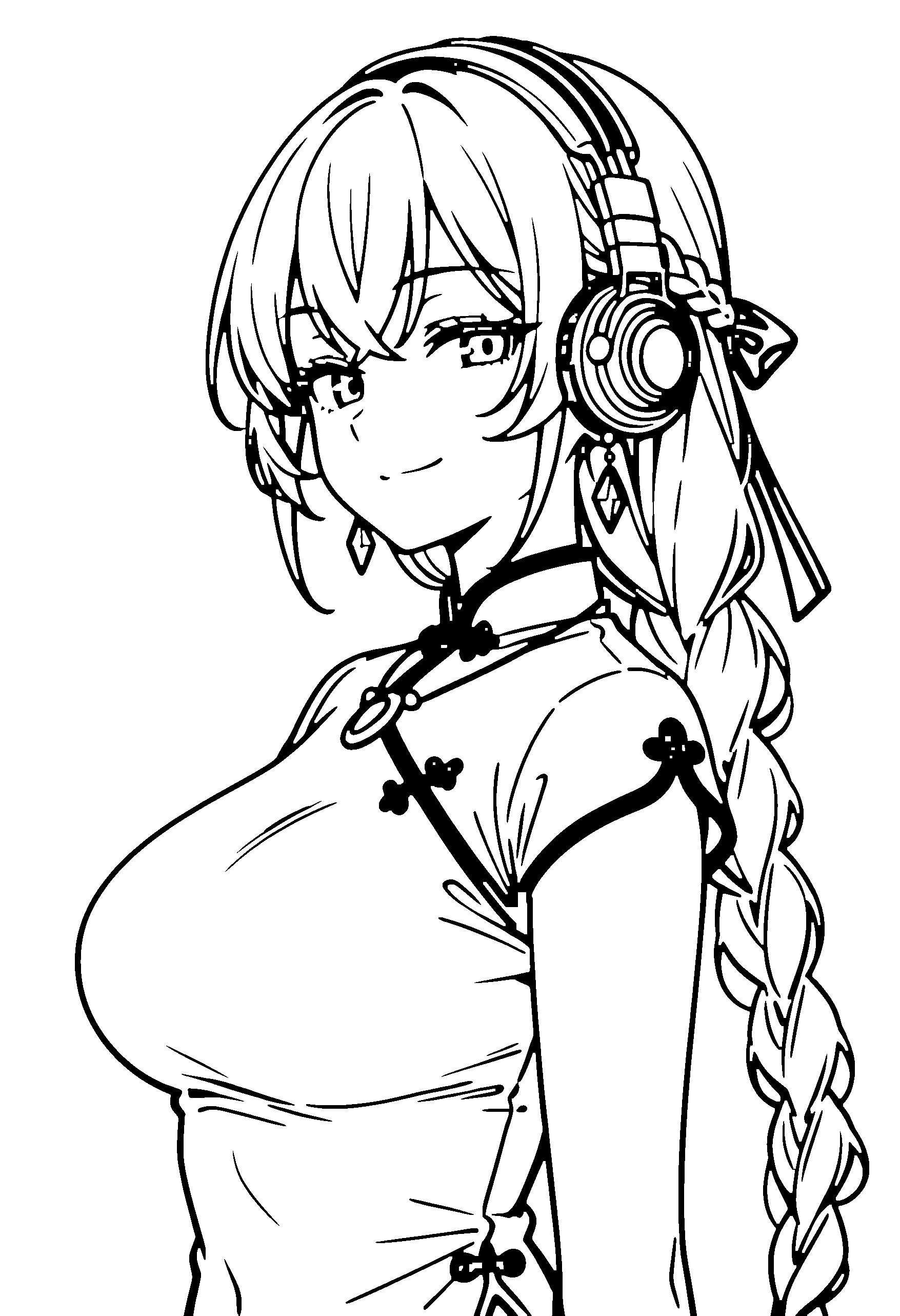 Black and white line art coloring page of an anime girl with long hair, braid, chinese dress, headphones, necklace and smiling