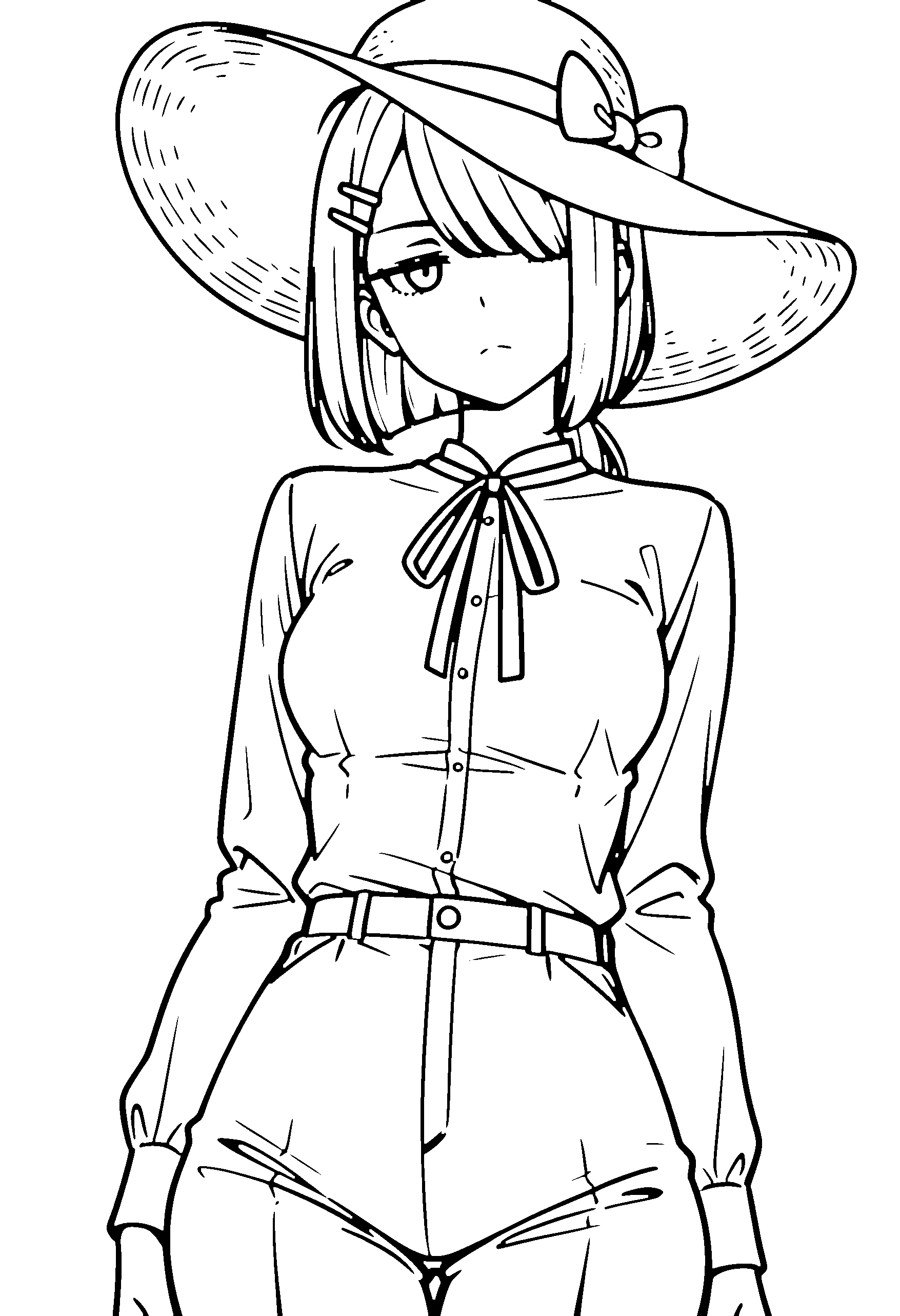 Black and white line art coloring page of an anime girl with bob cut, ponytail, shirt, sun hat, ribbon and frowning