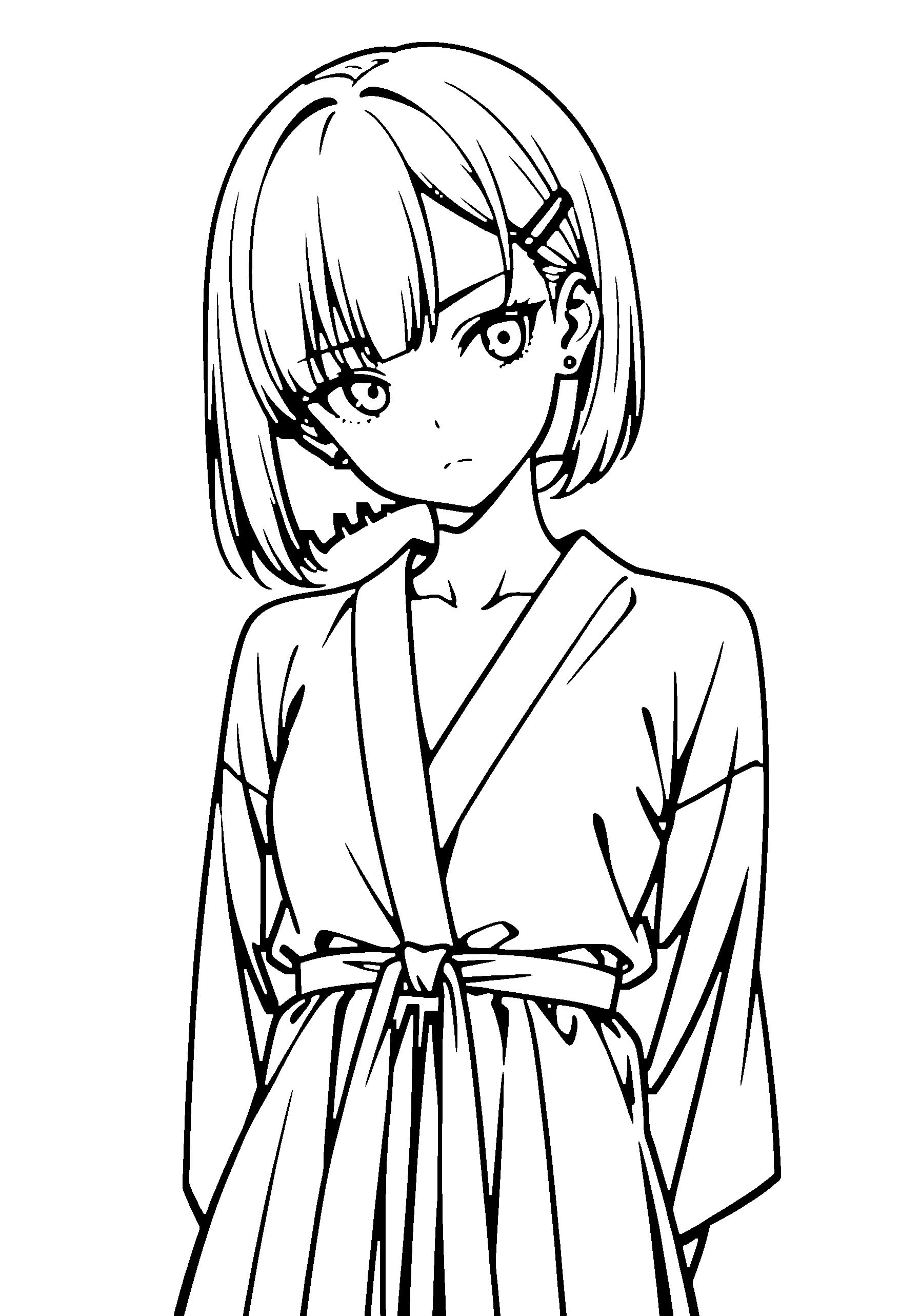 Black and white line art coloring page of an anime girl with bob cut, robe and frowning