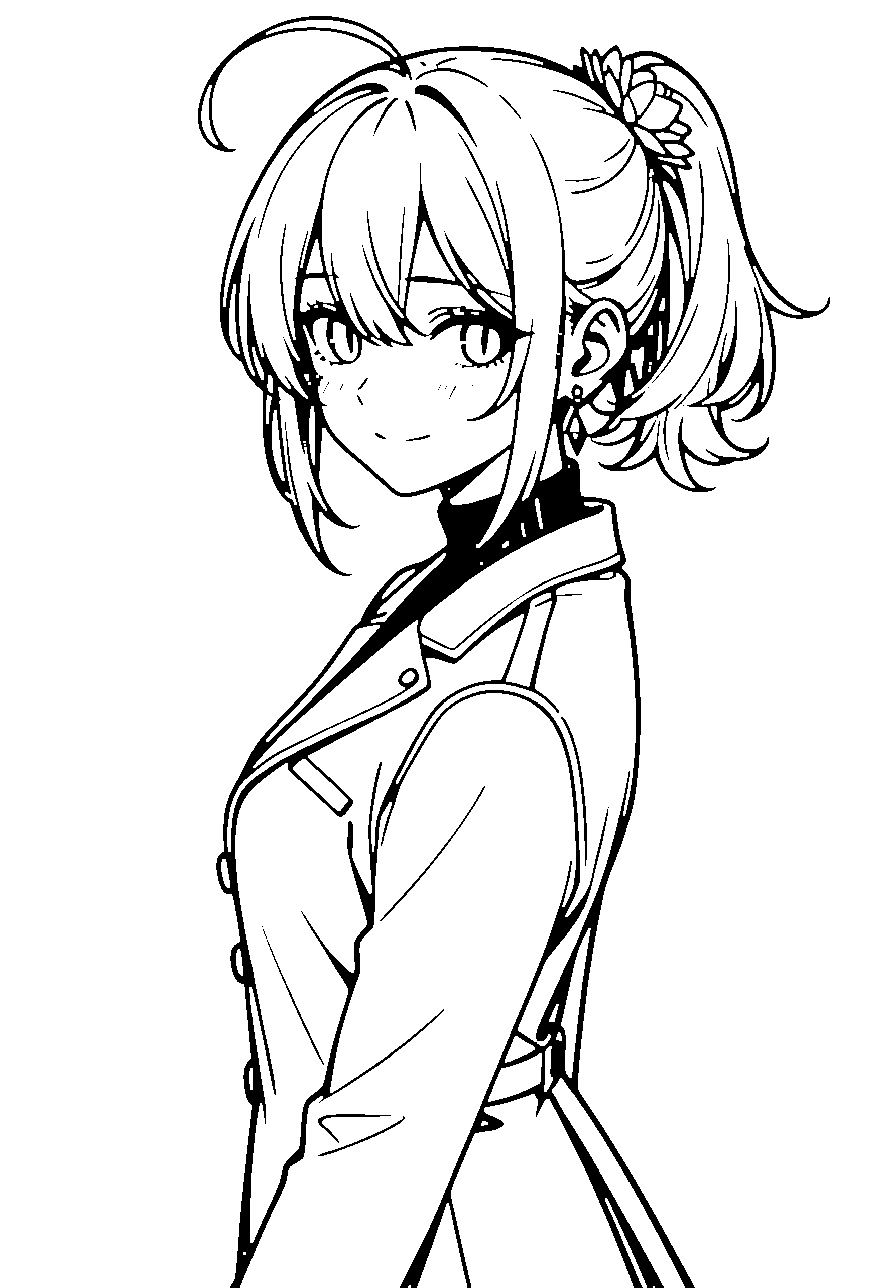 Black and white line art coloring page of an anime girl with medium hair, ponytail, jacket, hair flower, choker and shy