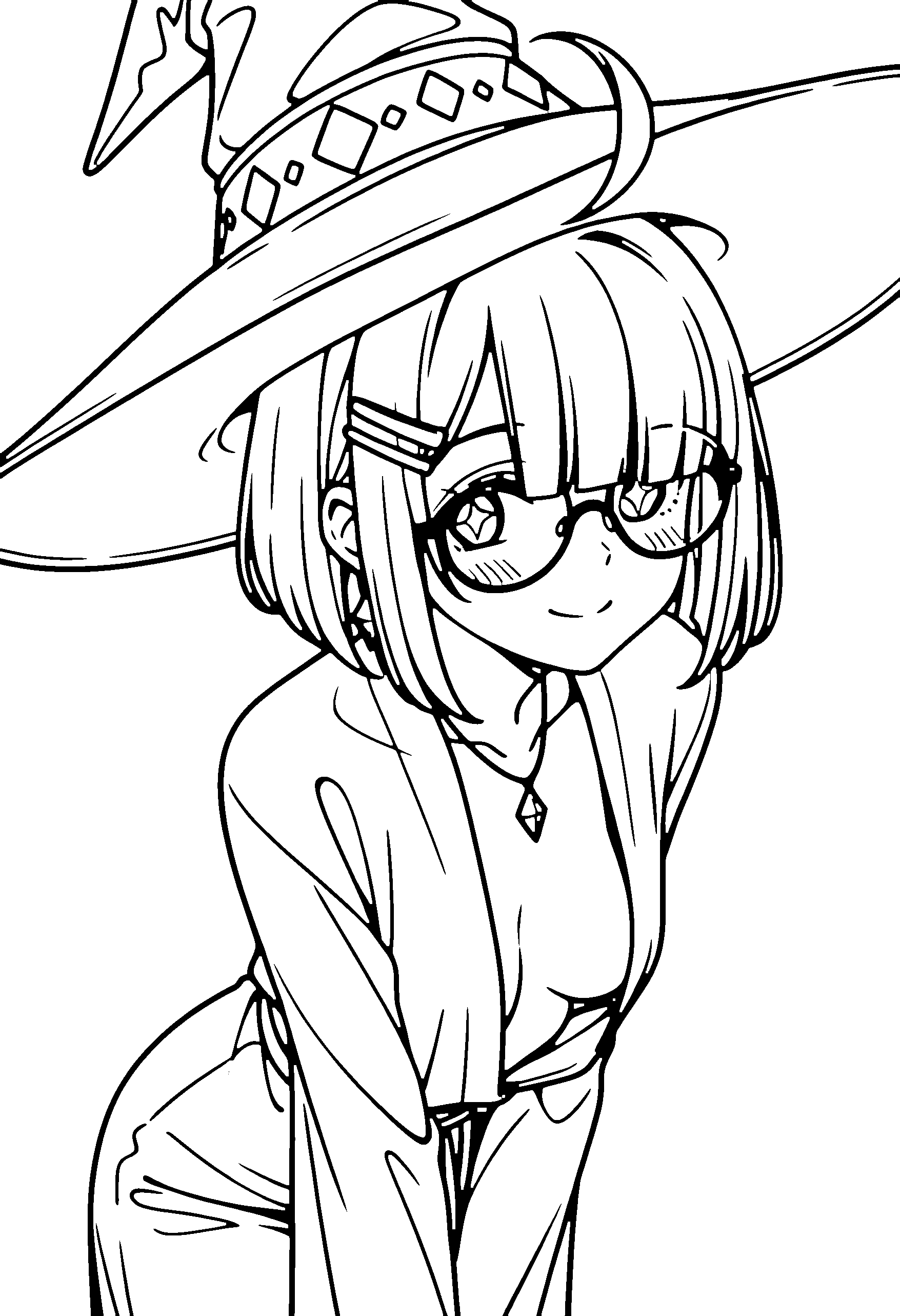 Black and white line art coloring page of an anime girl with witch outfit, bob cut, robe, glasses, necklace and smiling