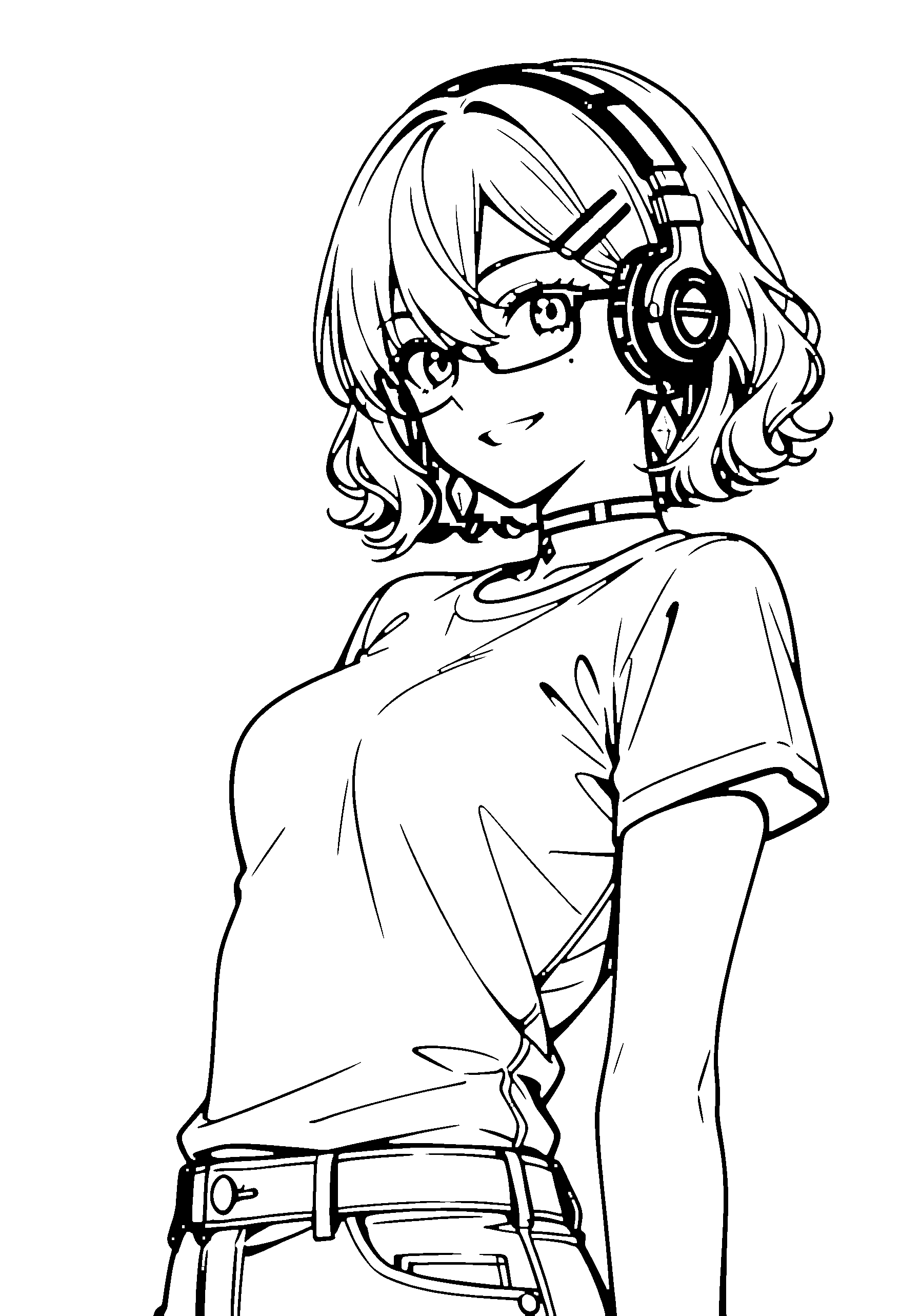 Black and white line art coloring page of an anime girl with medium hair, wavy hair, t-shirt, headphones, glasses, choker and grinning