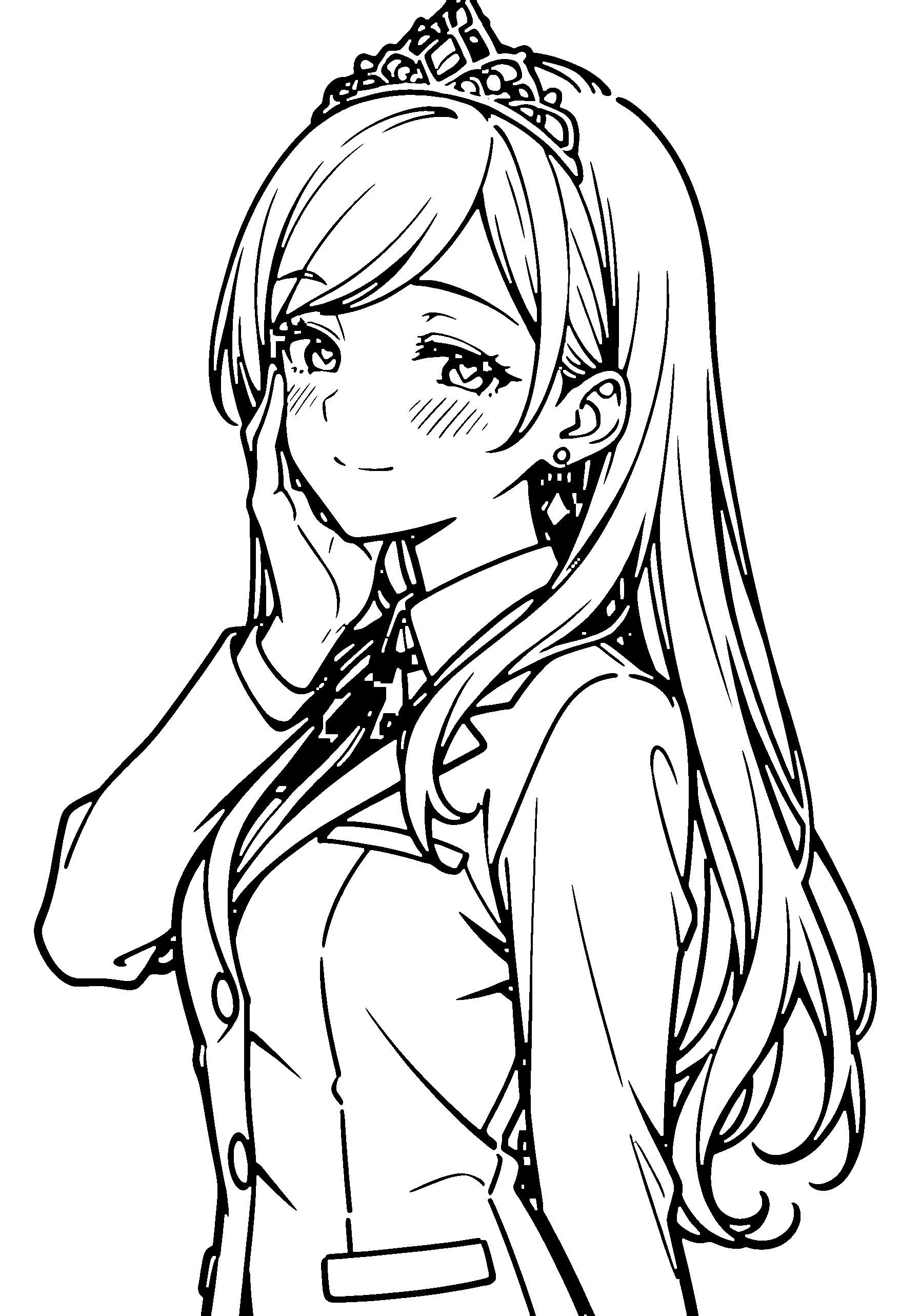 Black and white line art coloring page of an anime girl with long hair, collared shirt, tiara, ribbon and smiling