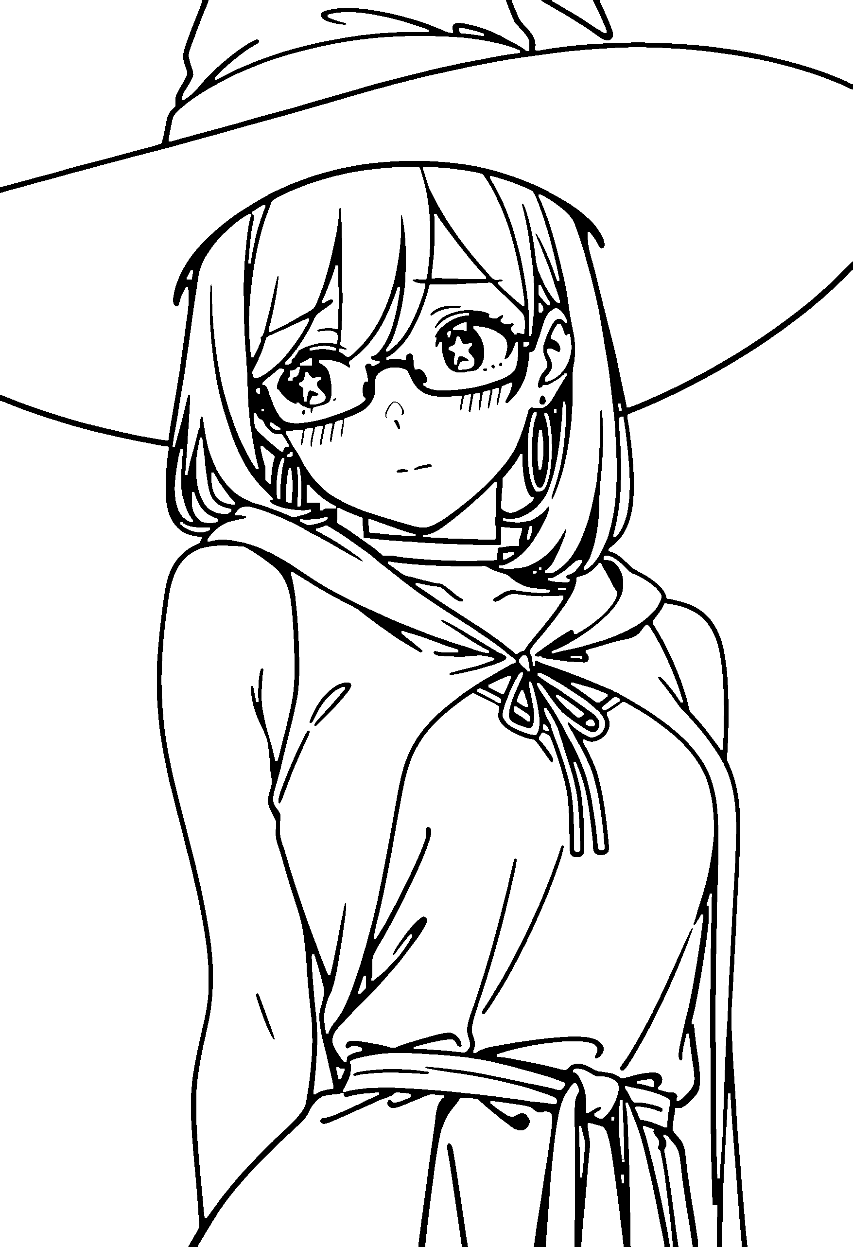 Black and white line art coloring page of an anime girl with witch outfit, medium hair, robe, glasses, choker and shy