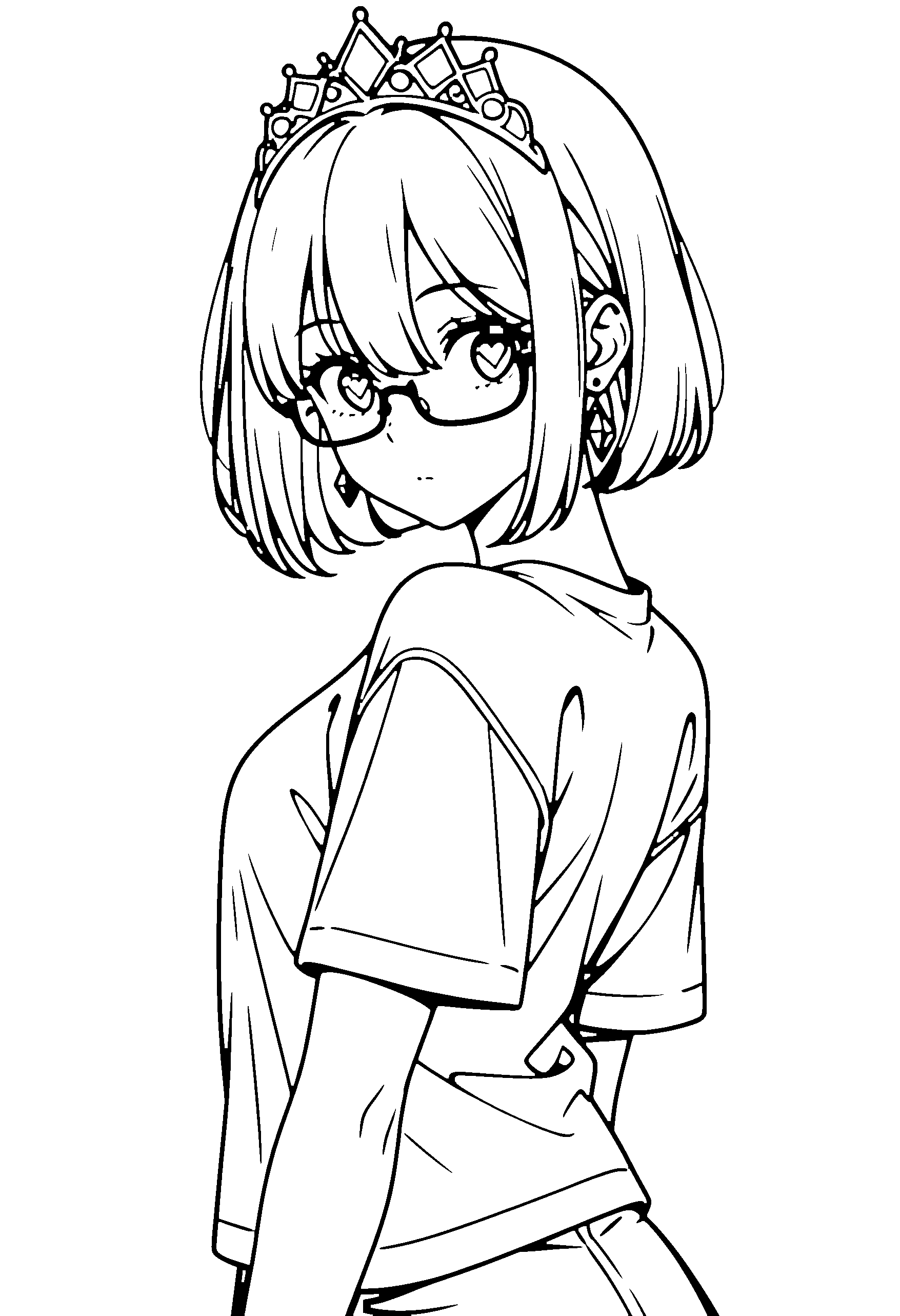 Black and white line art coloring page of an anime girl with bob cut, t-shirt, tiara, glasses and surprised