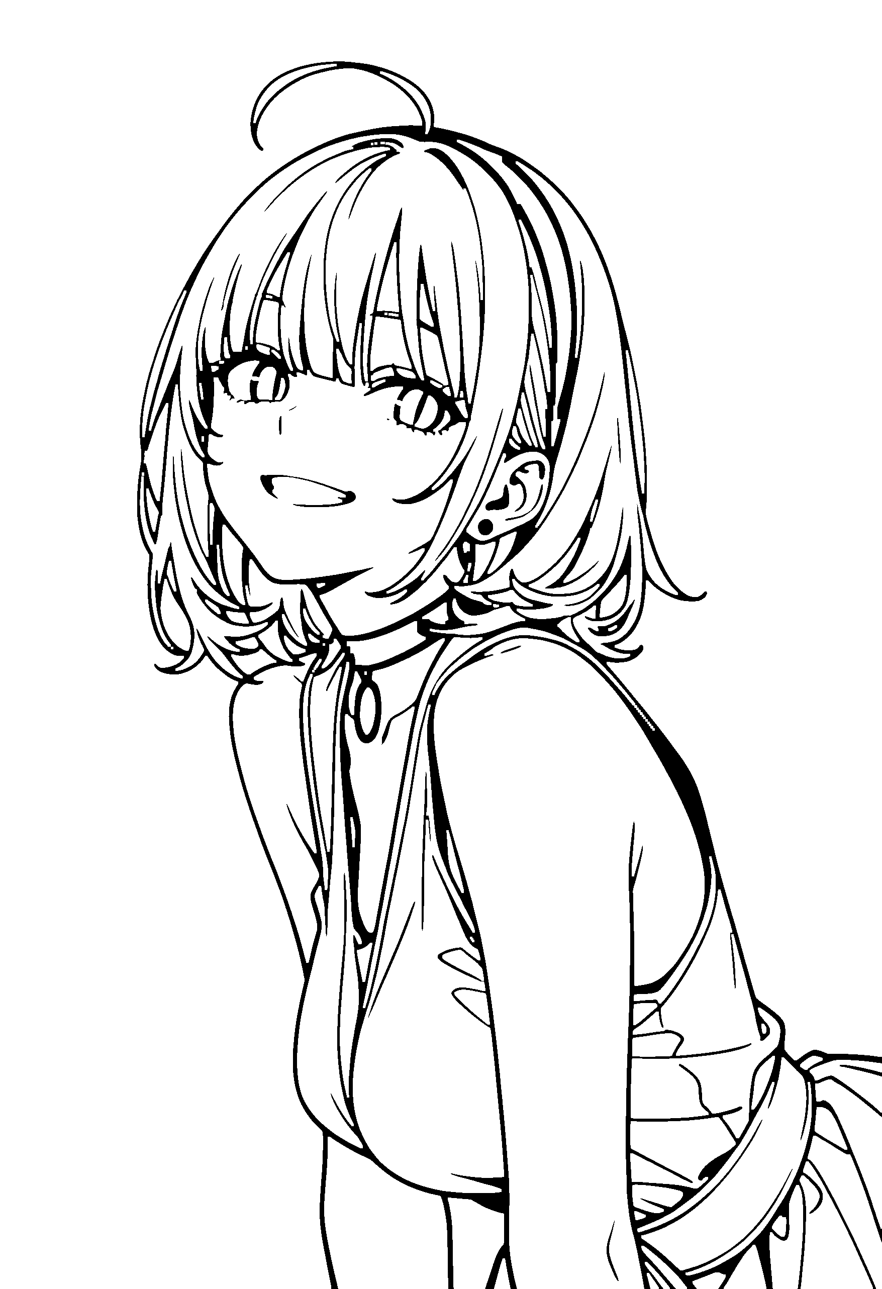 Black and white line art coloring page of an anime girl with medium hair, dress, headband, choker and grinning