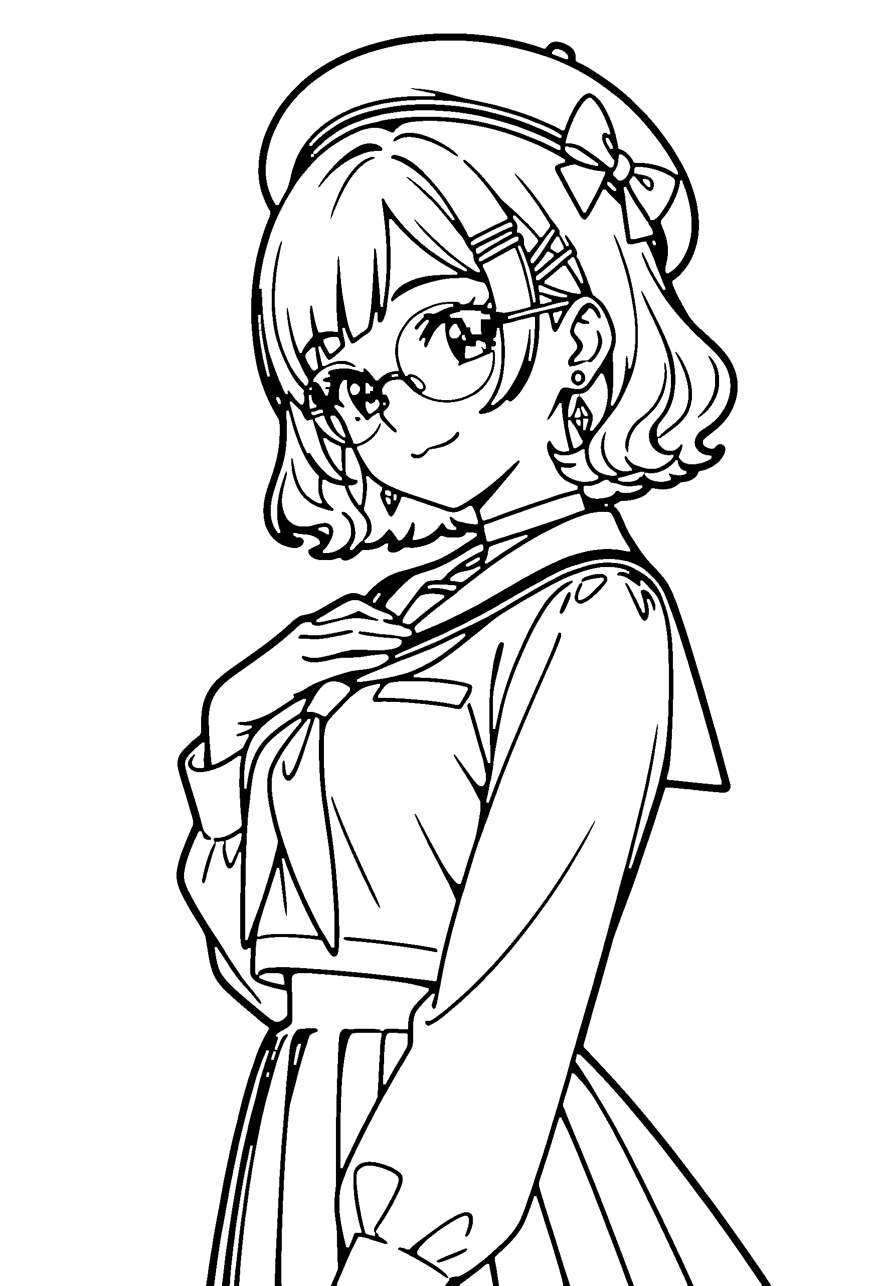 Black and white line art coloring page of an anime girl with bob cut, wavy hair, skirt, beret, glasses, choker and smiling