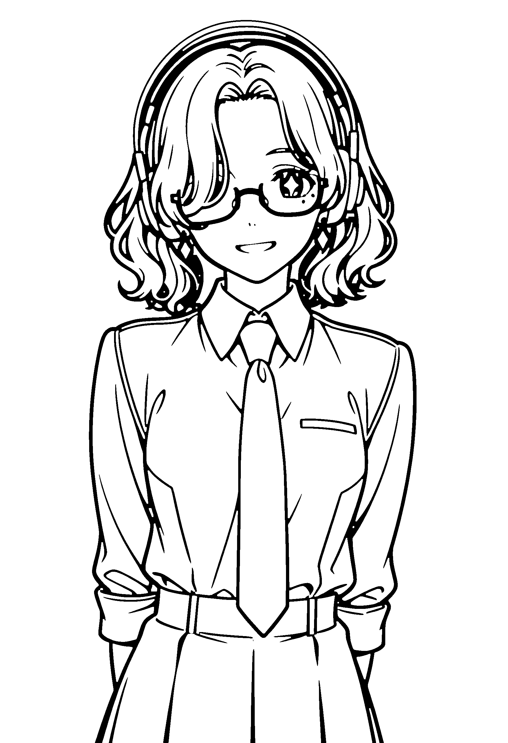 Black and white line art coloring page of an anime girl with medium hair, wavy hair, shirt, headphones, glasses, bow tie and grinning