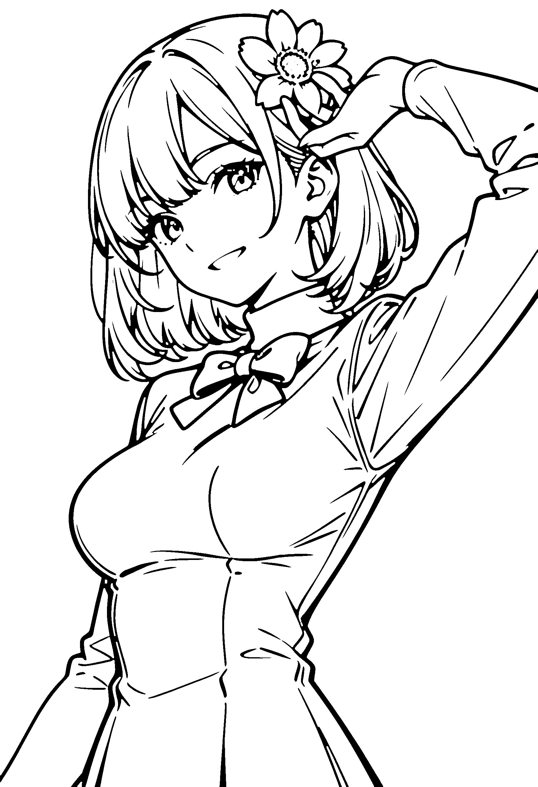 Black and white line art coloring page of an anime girl with medium hair, turtleneck, hair flower, bow tie and grinning