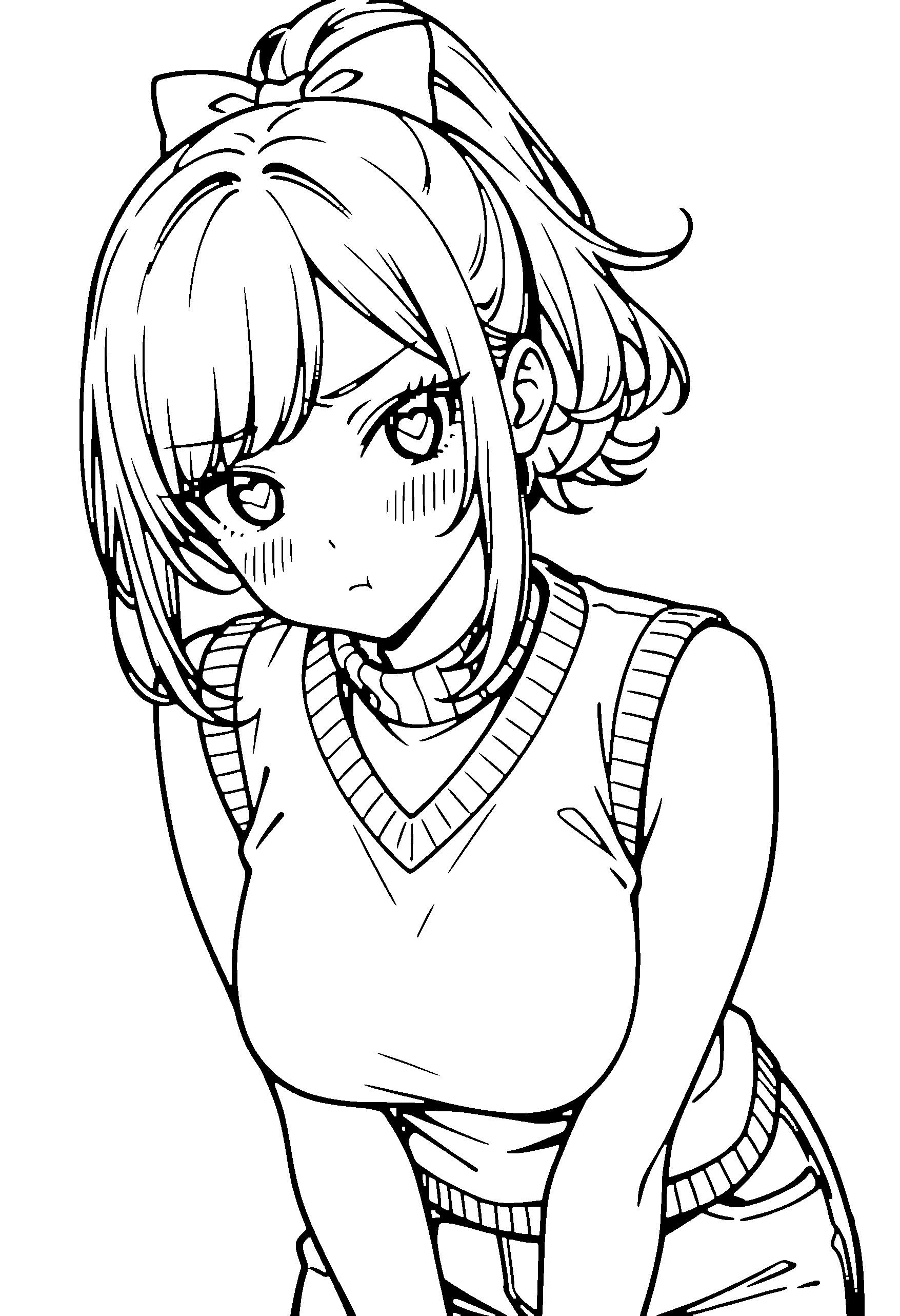Black and white line art coloring page of an anime girl with medium hair, ponytail, sweater vest and frowning