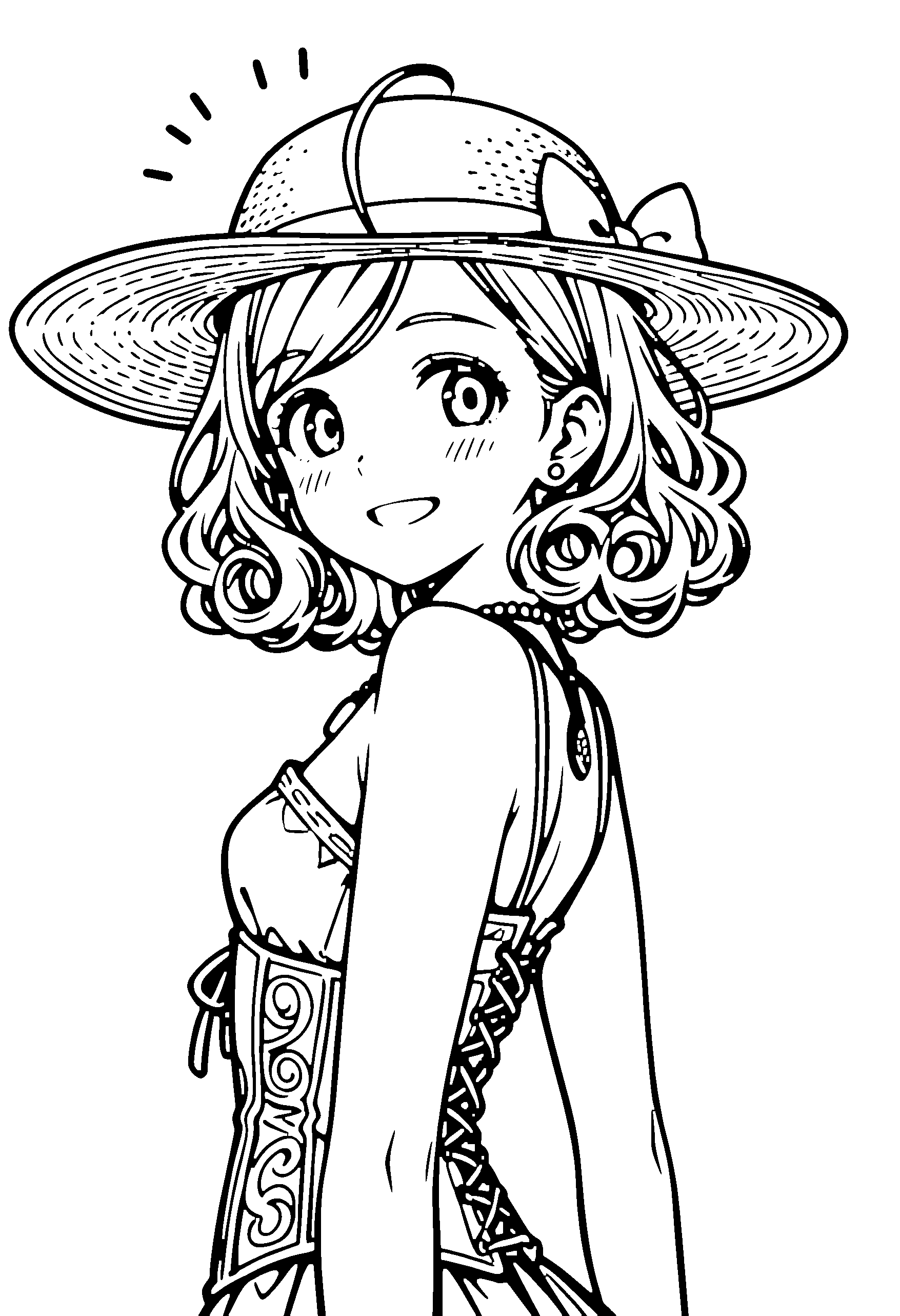 Black and white line art coloring page of an anime girl with medium hair, curly hair, corset, sun hat, necklace and grinning