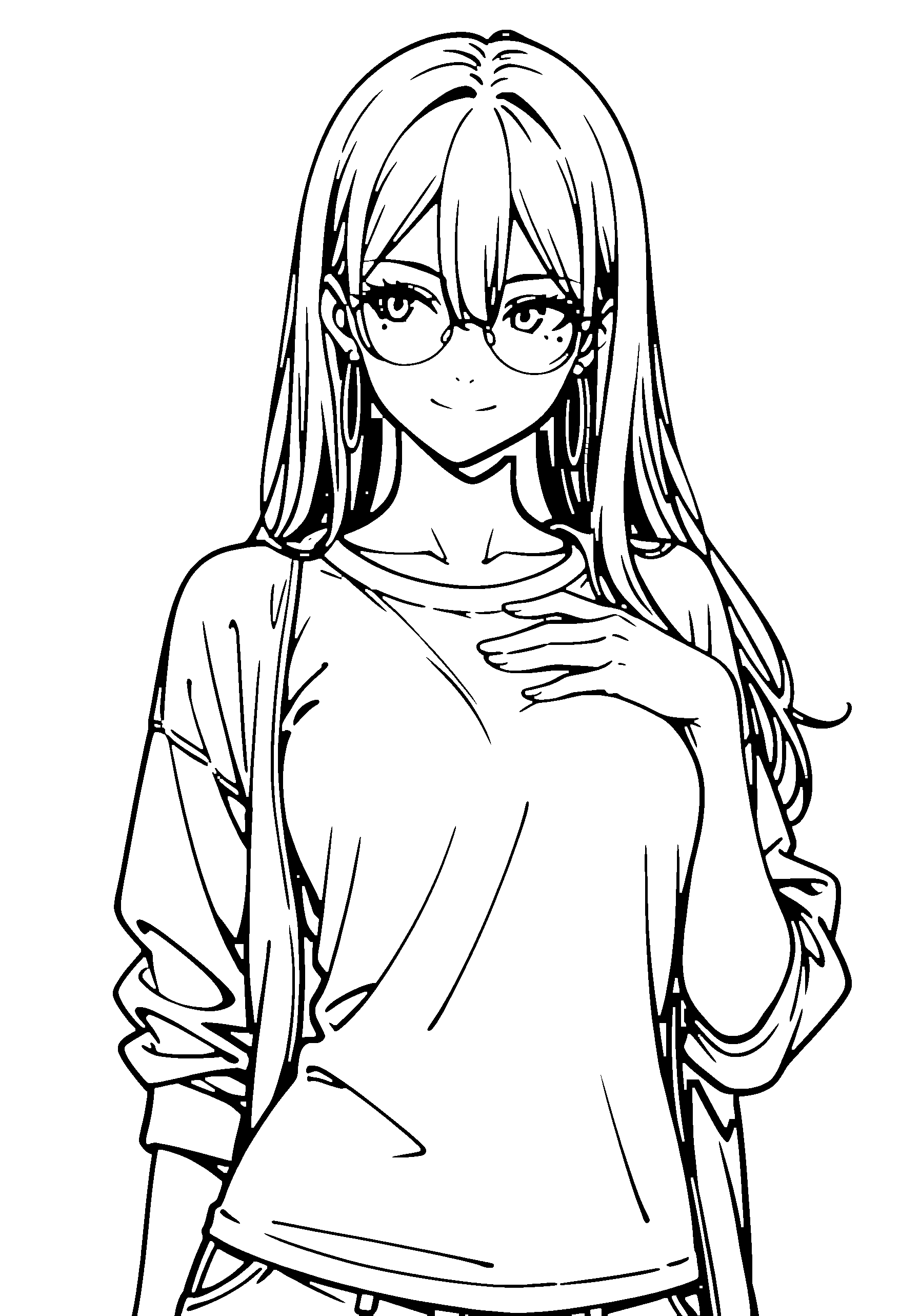 Black and white line art coloring page of an anime girl with long hair, jacket, glasses and smiling