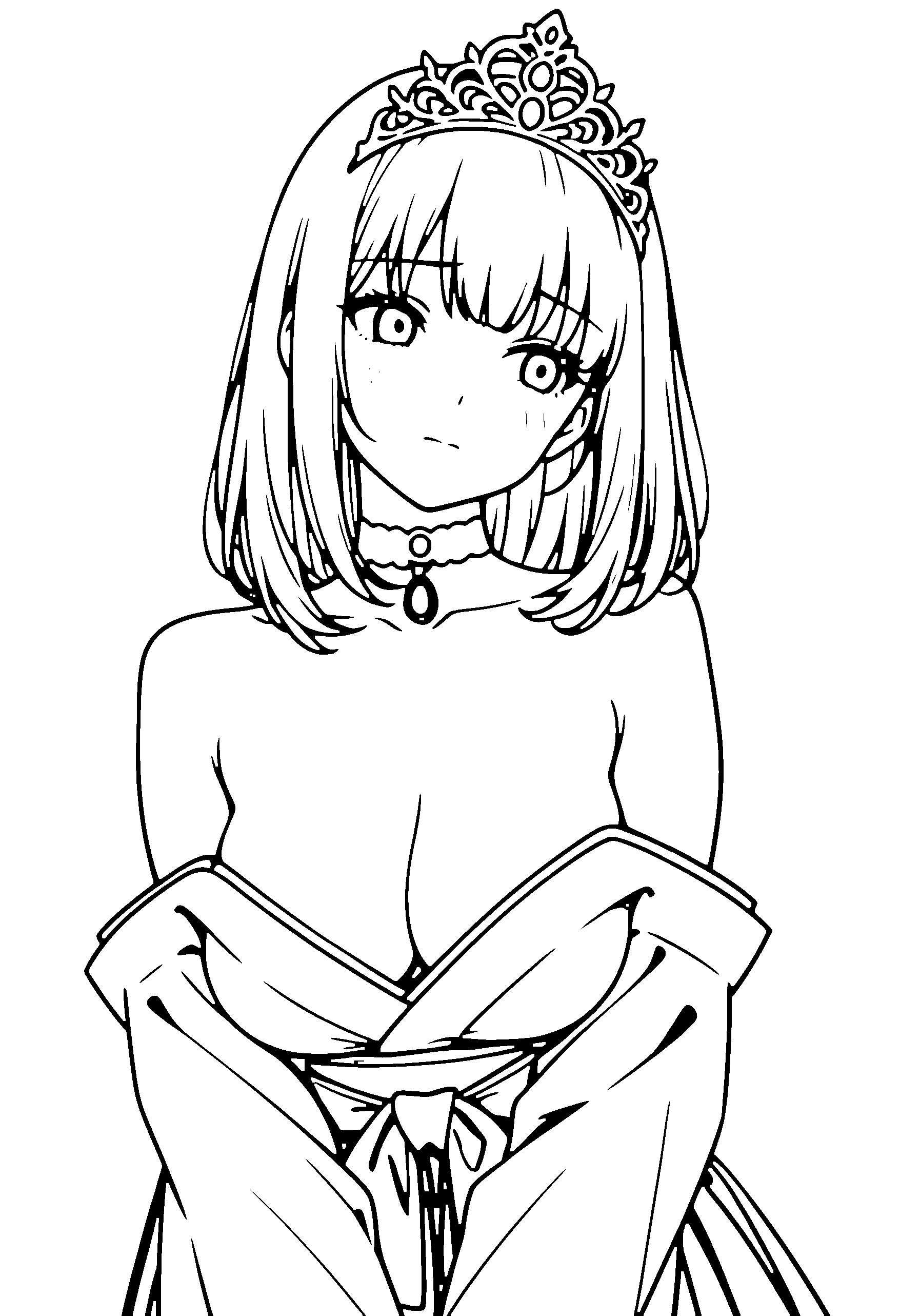 Black and white line art coloring page of an anime girl with medium hair, kimono, tiara, choker and shy