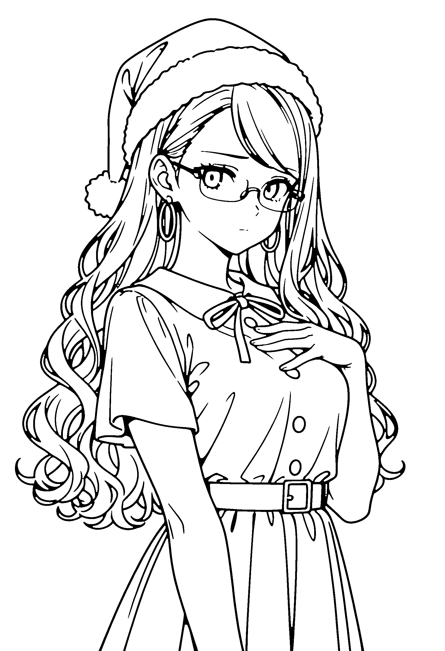 Black and white line art coloring page of an anime girl with santa costume, long hair, wavy hair, glasses and shy