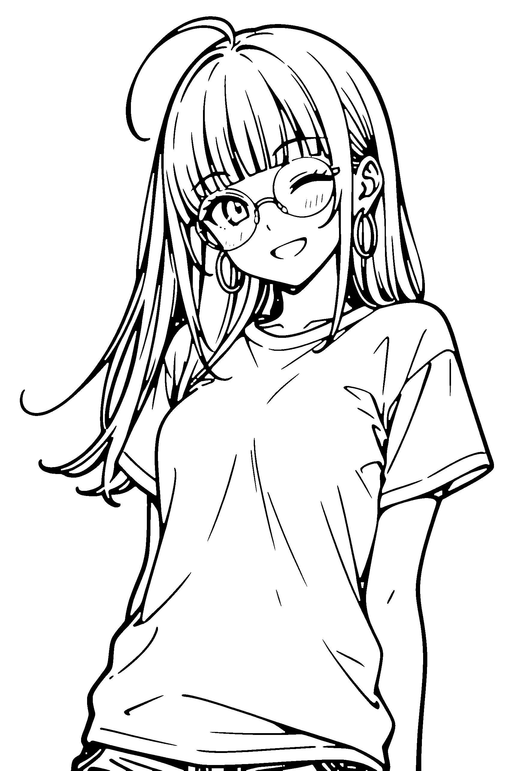 Black and white line art coloring page of an anime girl with long hair, cardigan, glasses and smiling