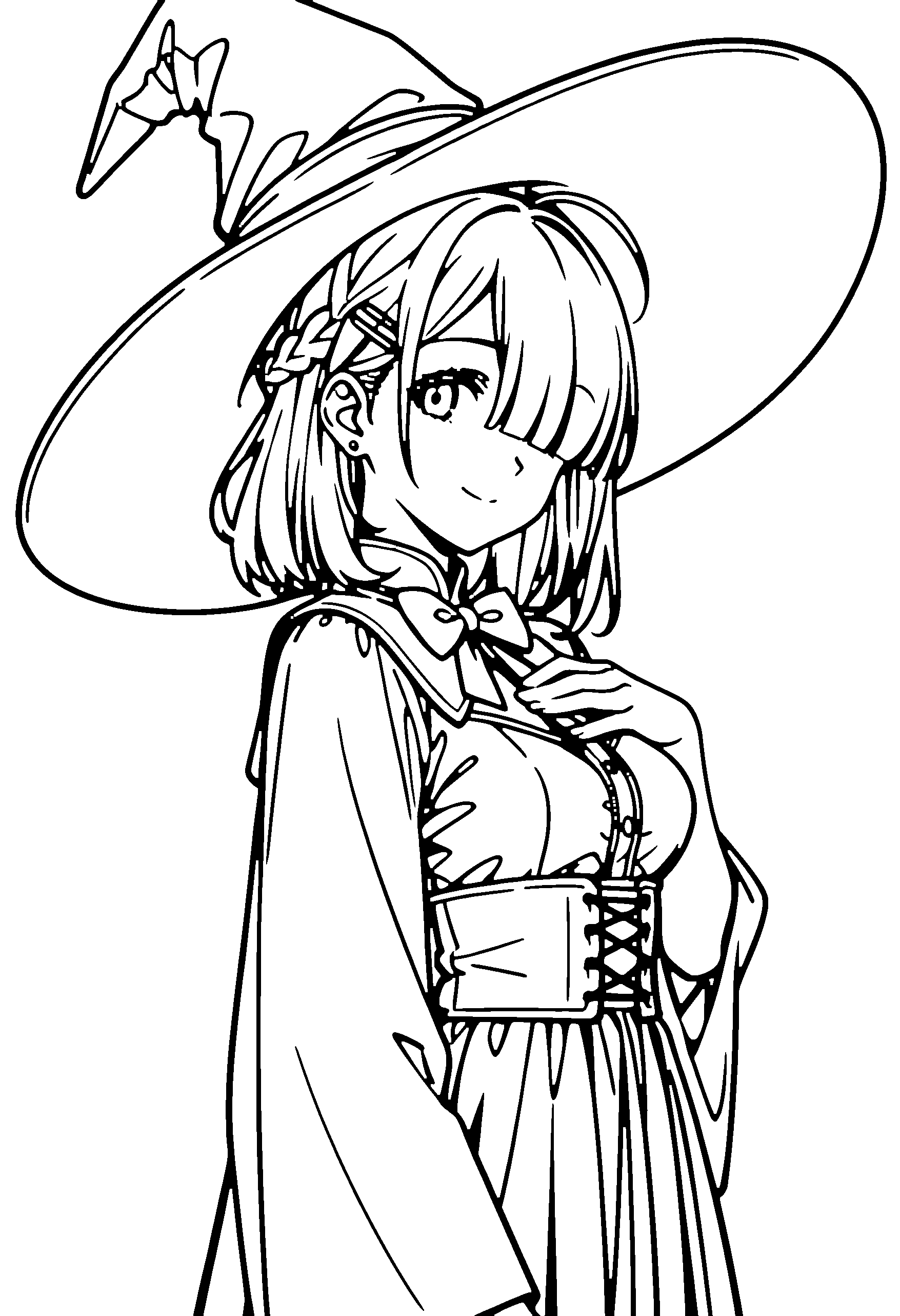 Black and white line art coloring page of an anime girl with witch outfit, medium hair, braid, dress, bow tie and smiling