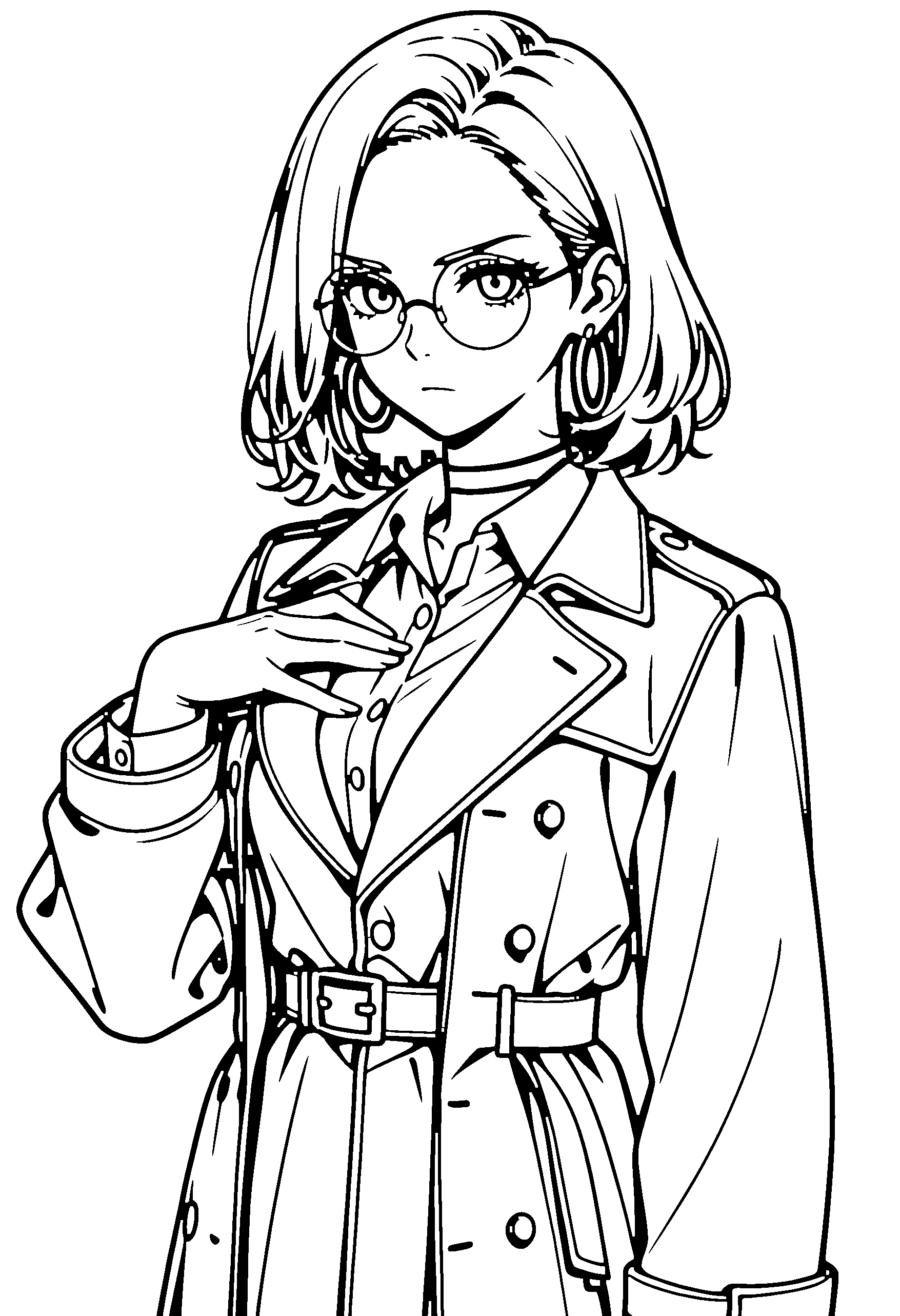 Black and white line art coloring page of an anime girl with medium hair, collared shirt, glasses, choker and serious