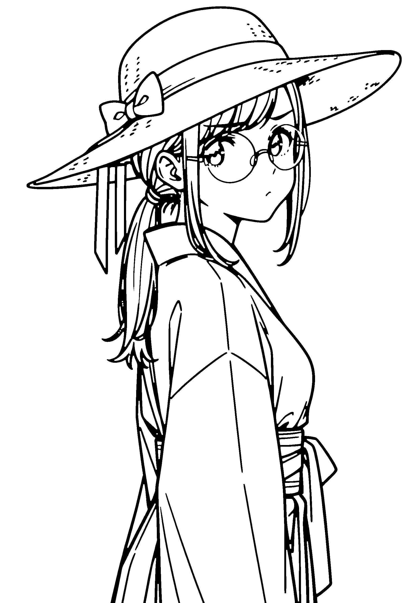 Black and white line art coloring page of an anime girl with long hair, ponytail, kimono, sun hat, glasses and frowning