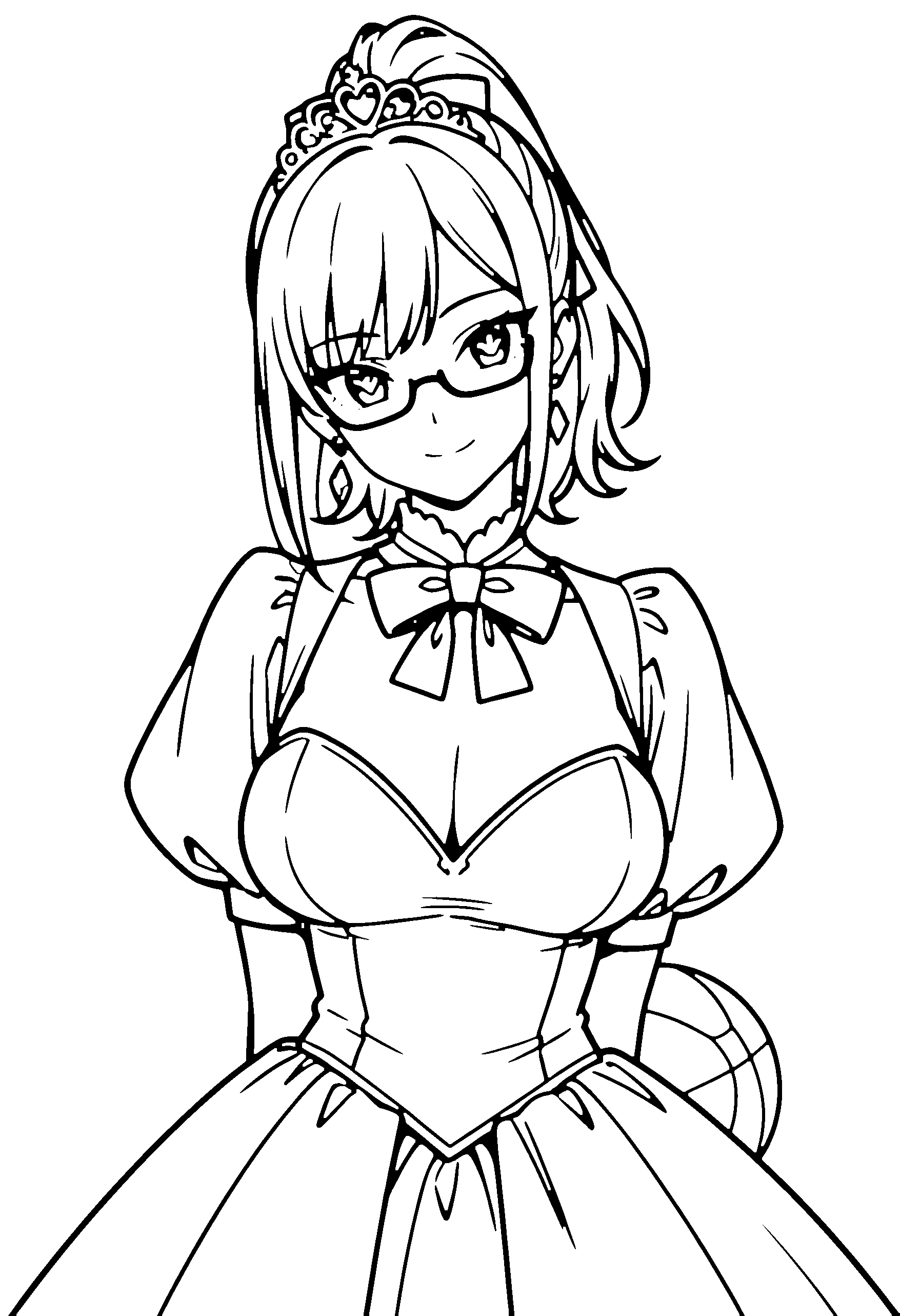 Black and white line art coloring page of an anime girl with princess dress, medium hair, ponytail, ball gown, tiara, glasses, bow tie and smiling