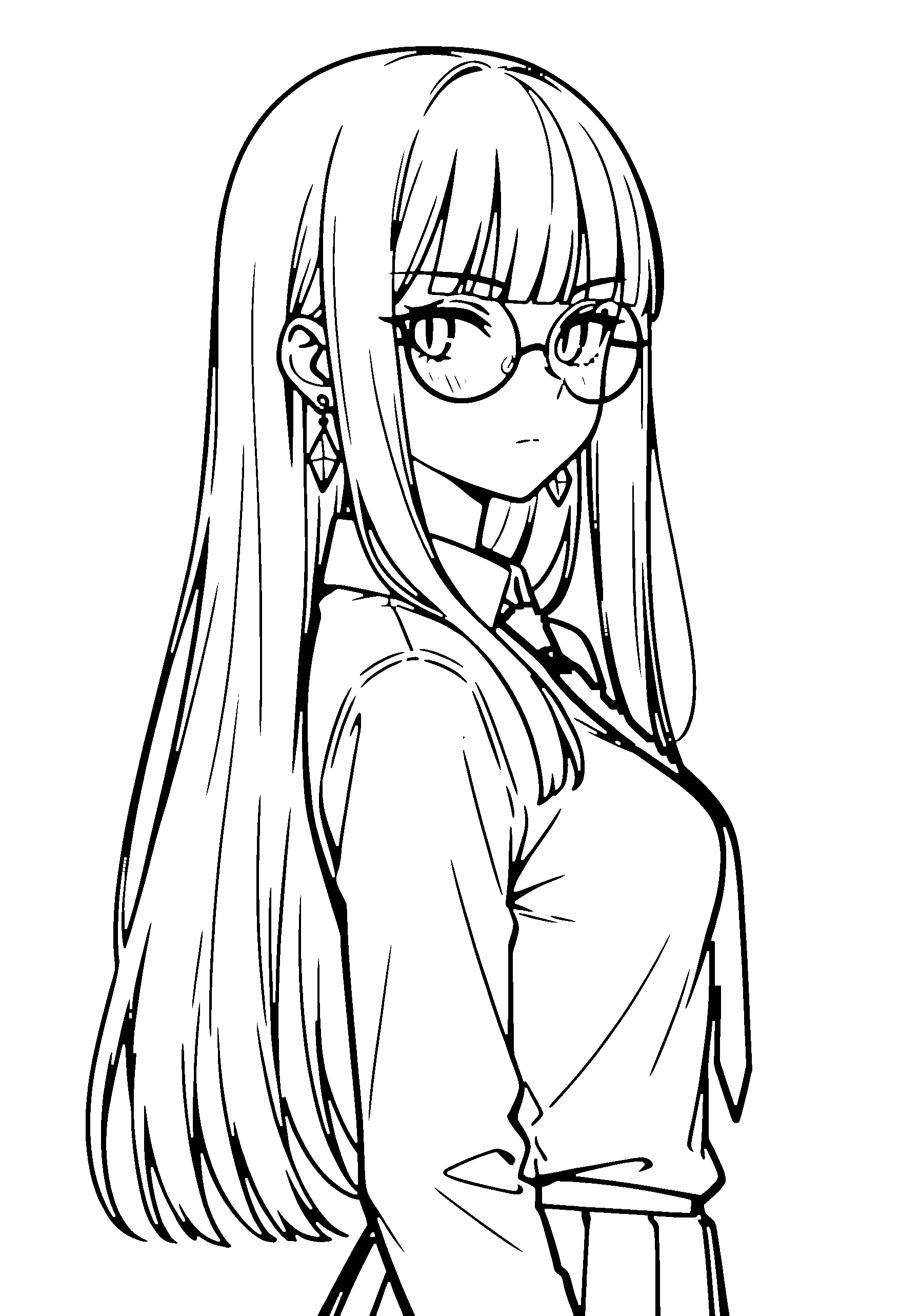 Black and white line art coloring page of an anime girl with long hair, collared shirt, glasses, bow tie and serious